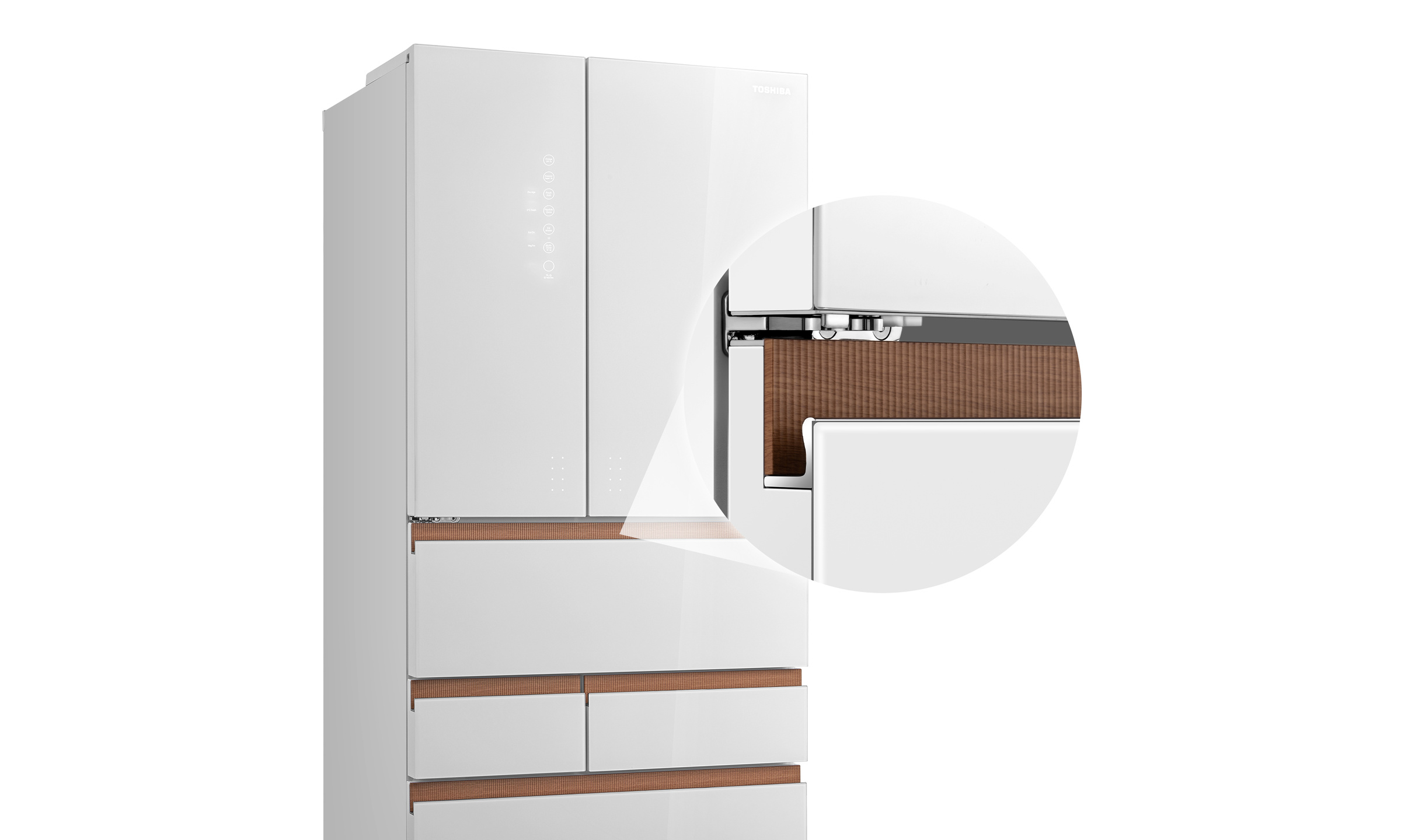 Wood-grain handle detail on a Toshiba JAPANDi refrigerator