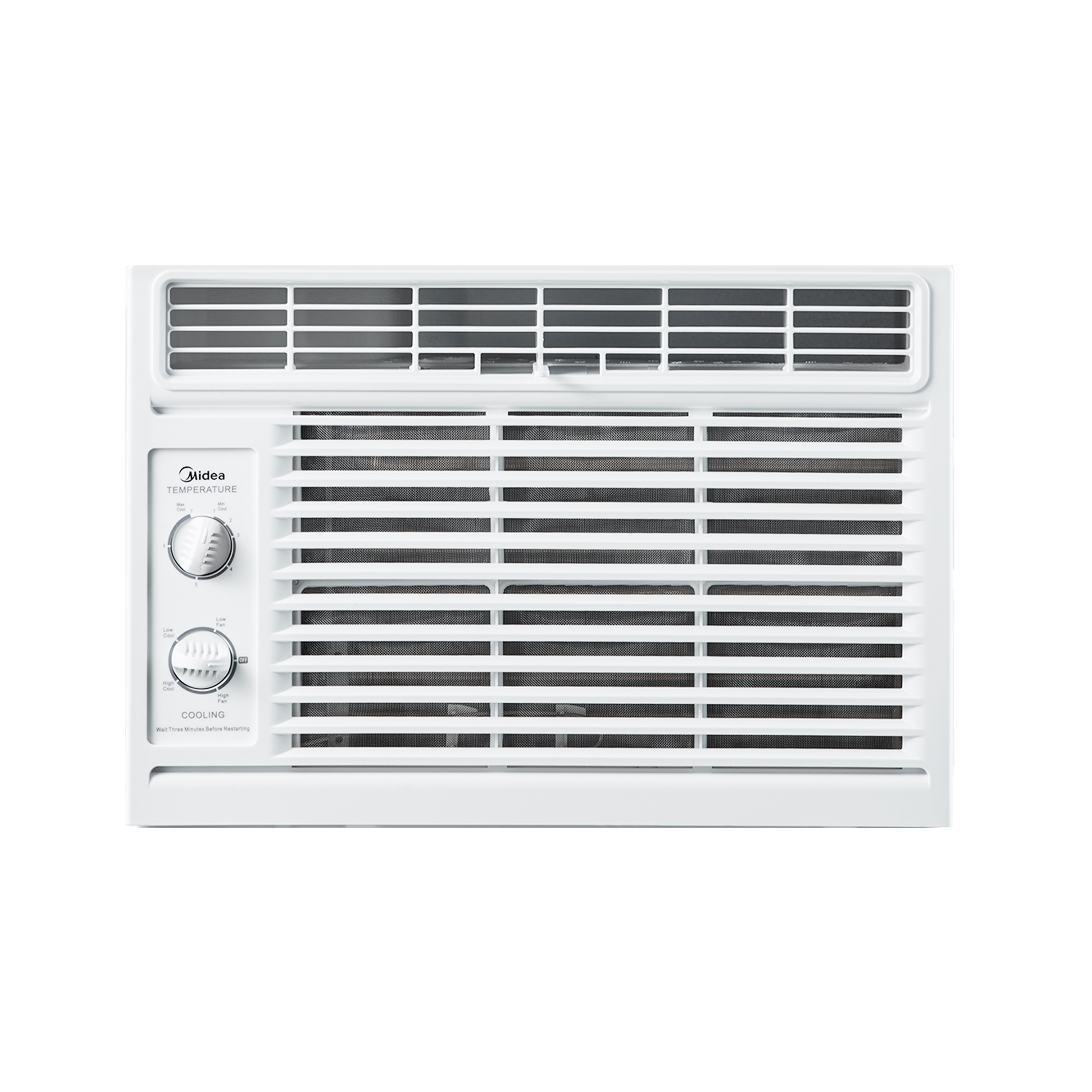 Front view of the Midea 0.6HP Manual Window AC, showcasing its compact body and mechanical controls.
