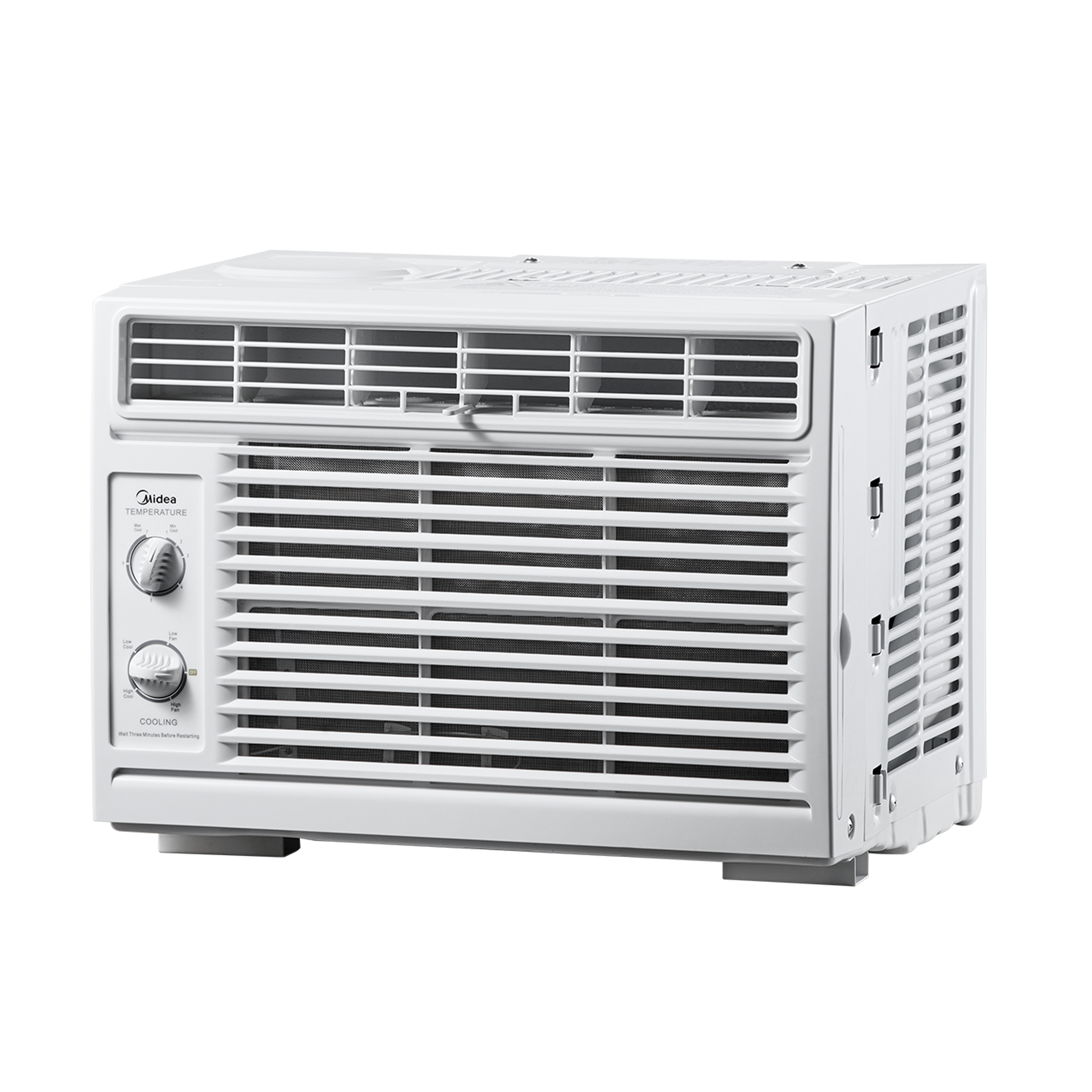 Angled view of the Midea 0.6HP window aircon, vents closed, showing its durable construction and compact size.