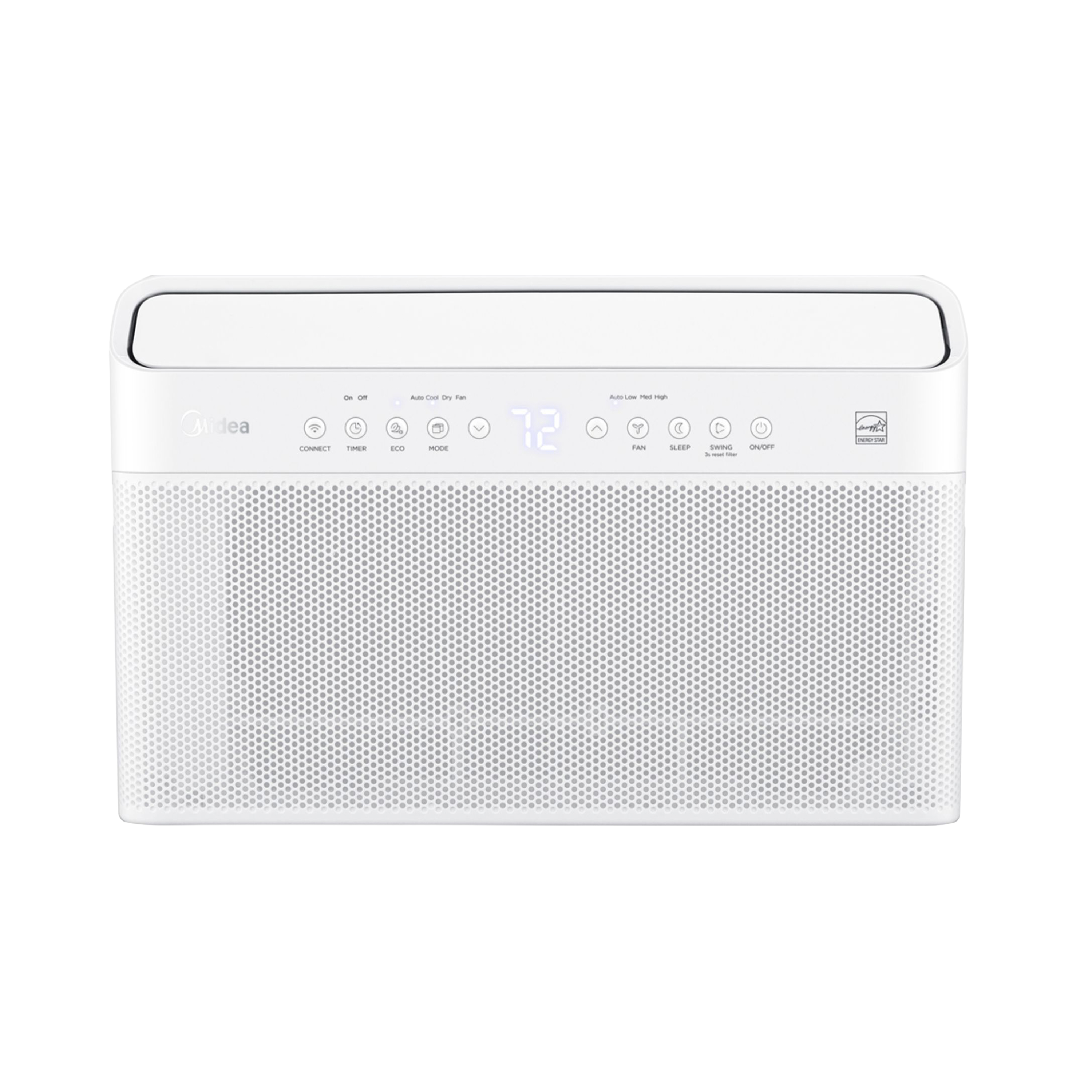 Top-down view of the Midea 1.0HP Window/Split Inverter Air-Conditioner with vents open, showing how air is expelled from the unit