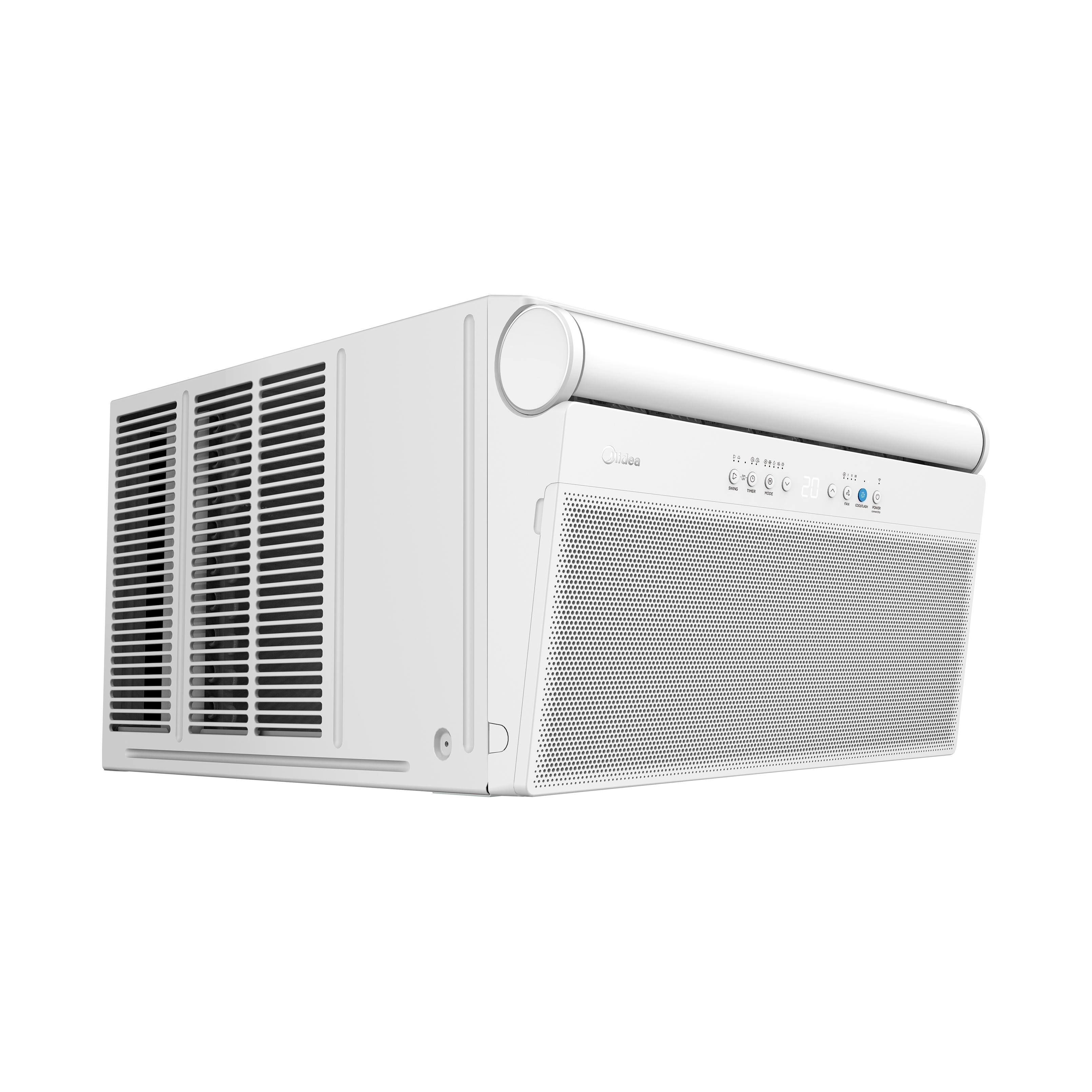 Midea 2.0HP Window/Split Series aircon from above, with the digital display and front panel visible, vents closed
