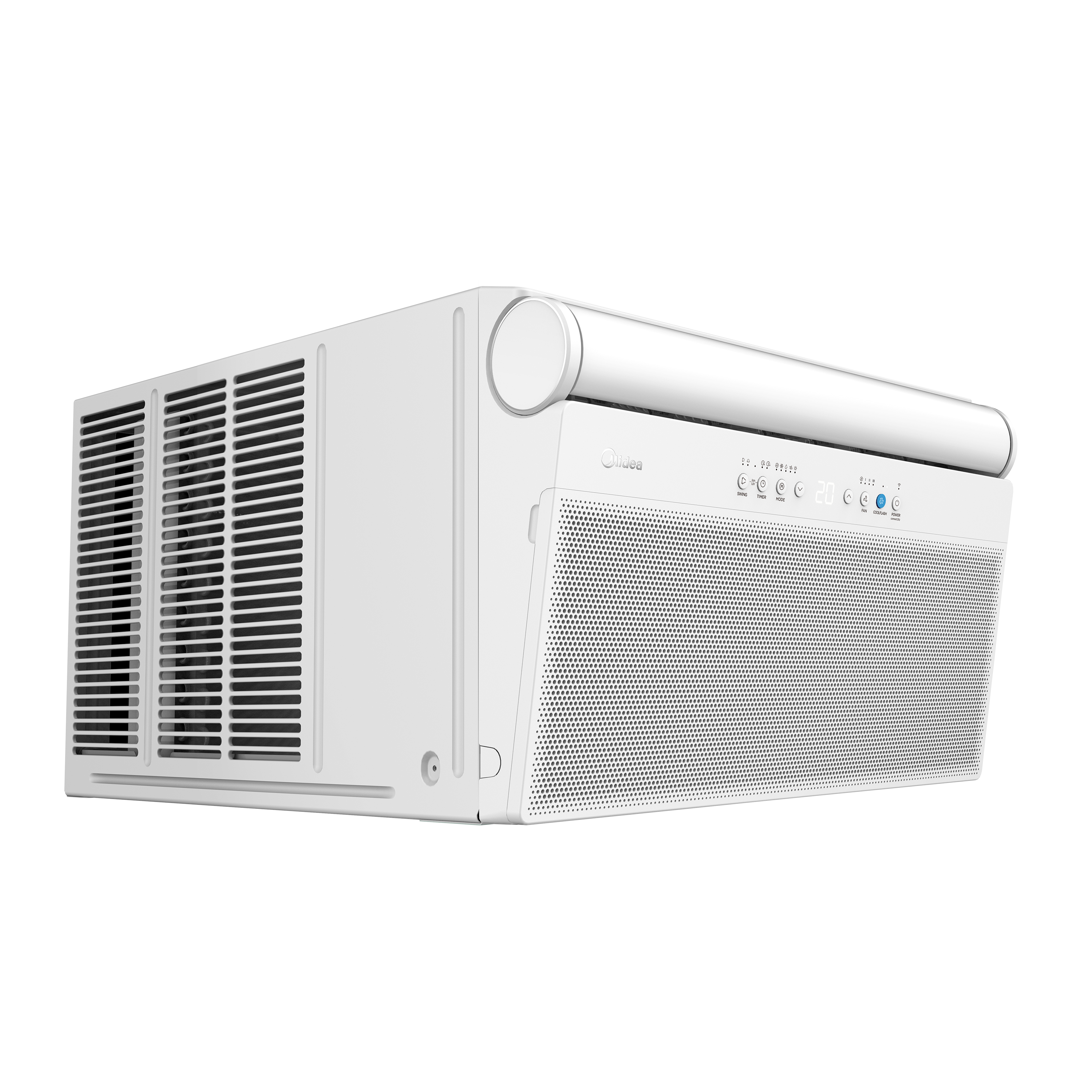 Front view of the Midea 2.5HP Window/Split Inverter AC, showing open vents and the digital display, ready to provide fast cooling for an expansive area.