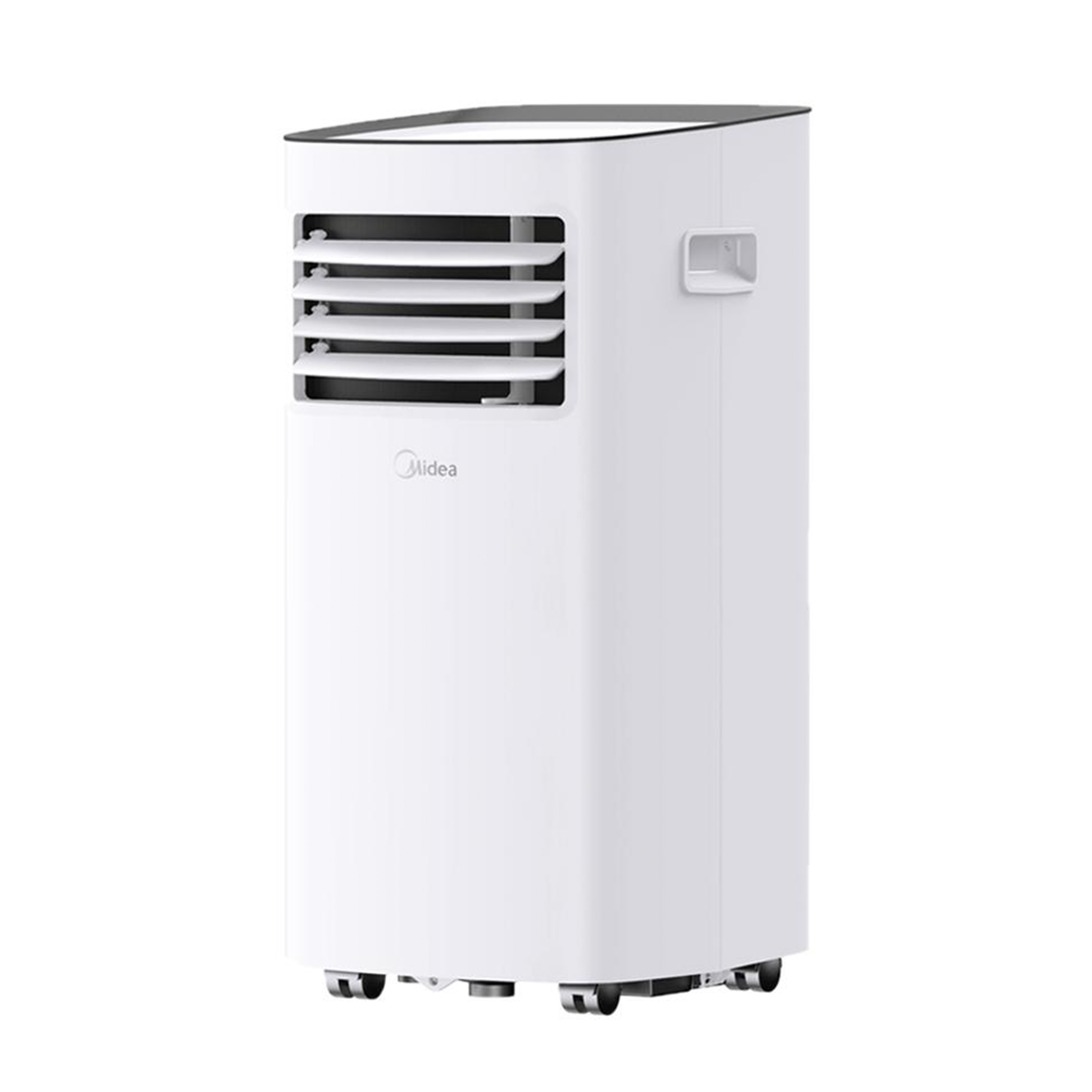 Angled view of the Midea 1.0HP Portable AC, showcasing its casters for easy movement between rooms
