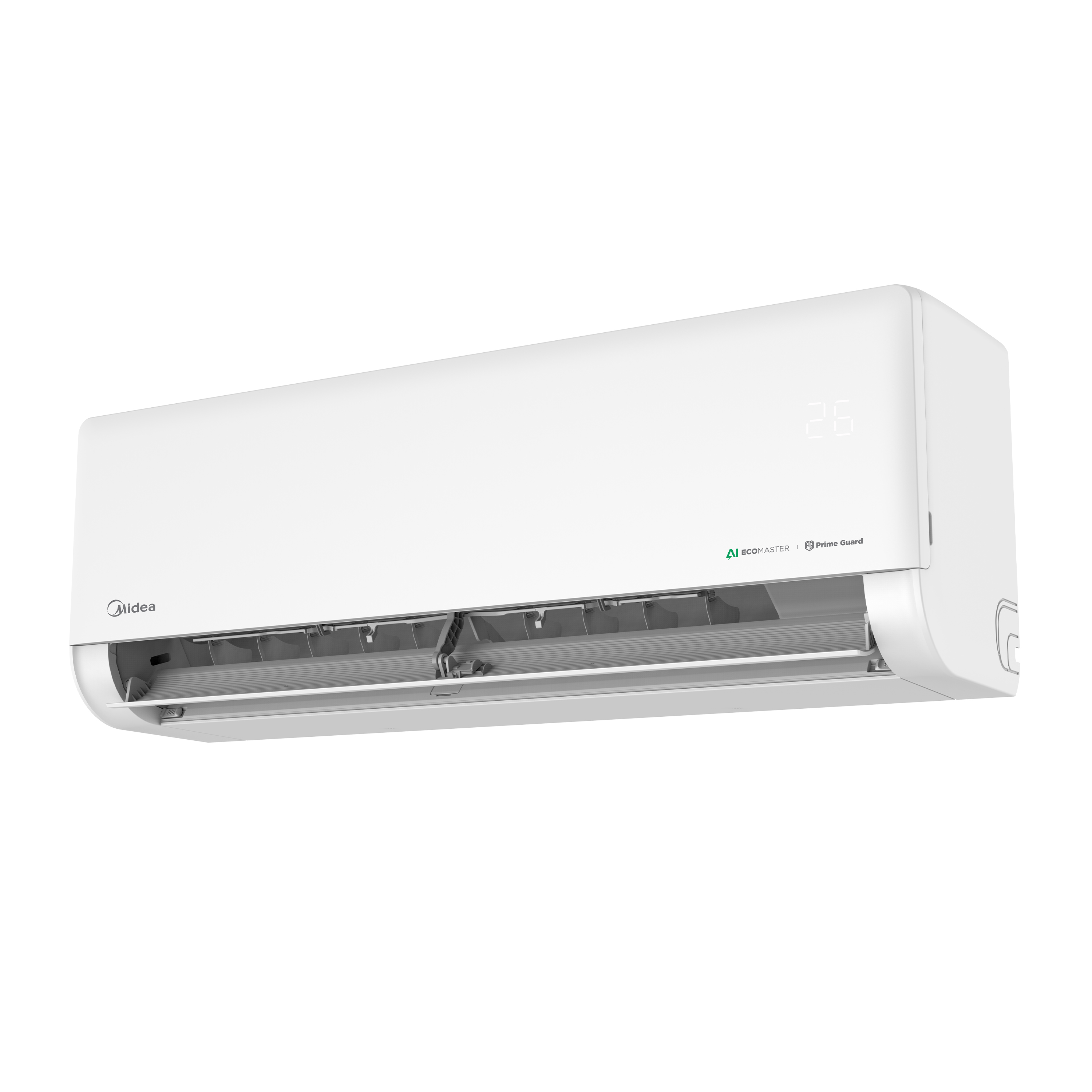 Midea Avigator split-type air conditioner, 3/4 view with vents open, for maximum air delivery and fast cooling of medium-sized rooms.