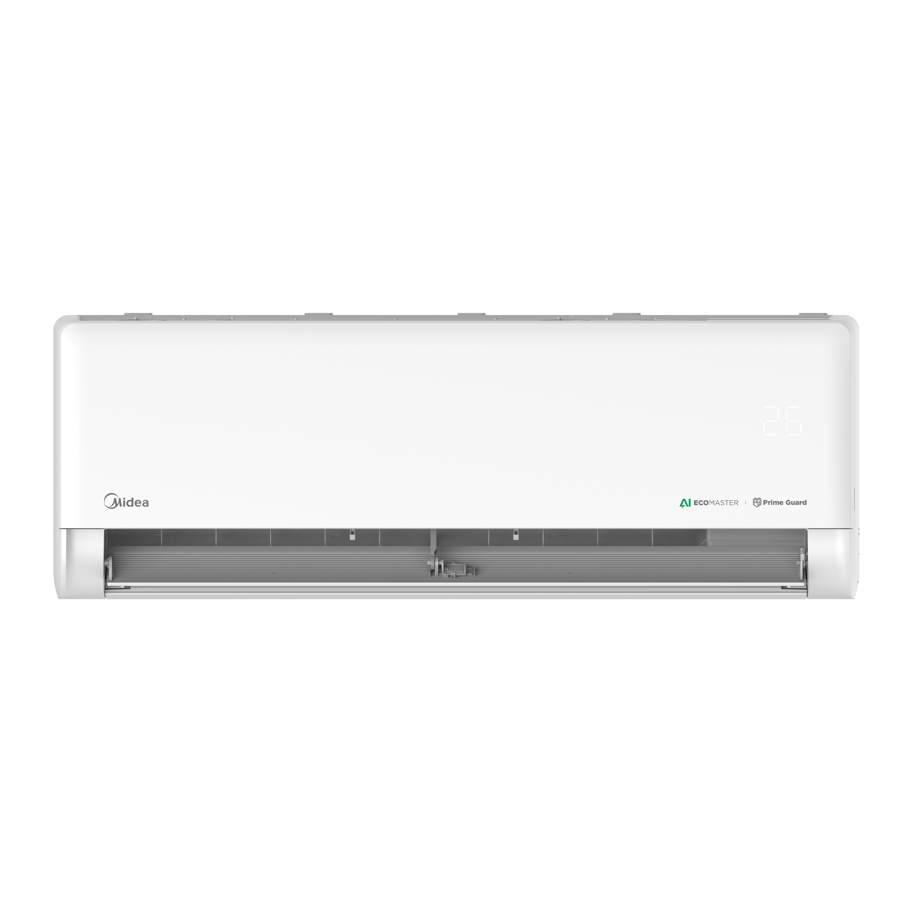Midea Avigator 2.5HP inverter AC, 3/4 angle, vents open, showcasing the efficient louver system for superior air circulation.