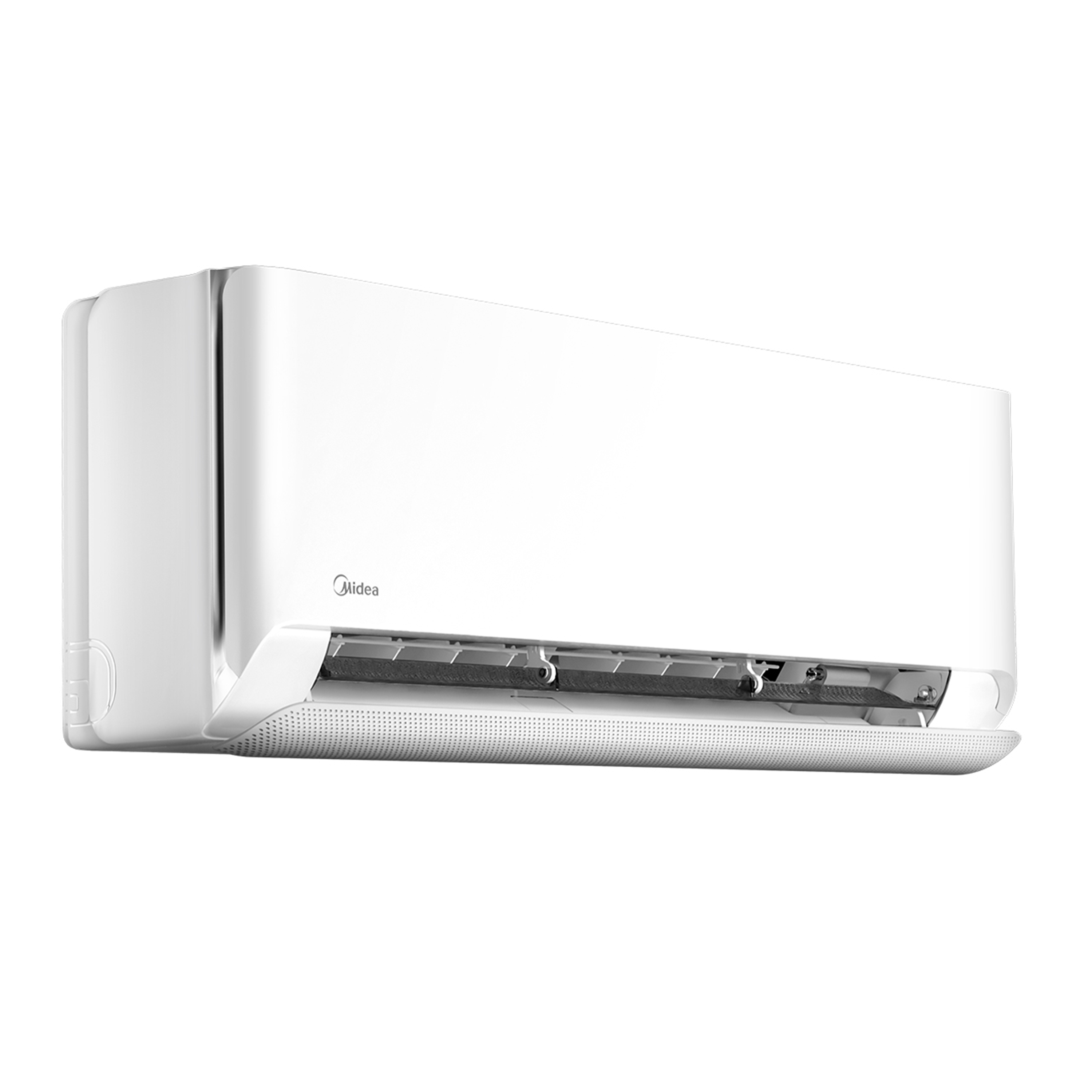 Midea Airstill Pro split-type aircon 3/4 view, vents open, AirStill Pro cooling system, energy-efficient