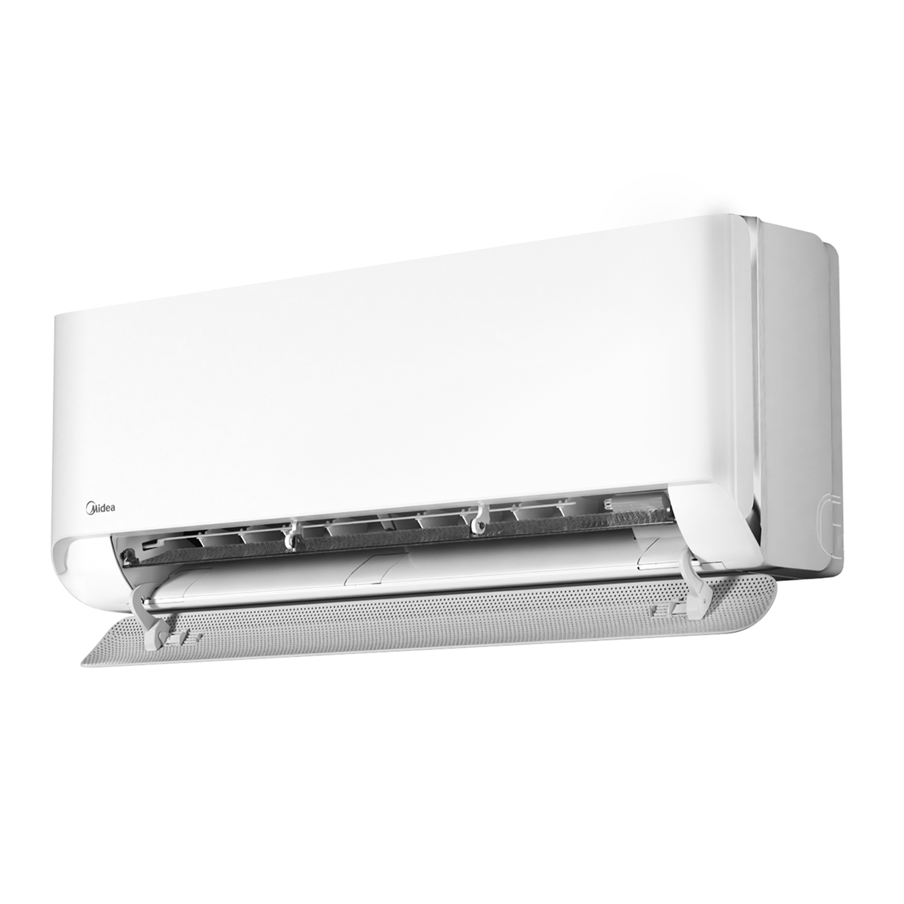 Midea Airstill Pro split-type aircon 3/4 view, vents open, AirStill Pro cooling system, energy-efficient