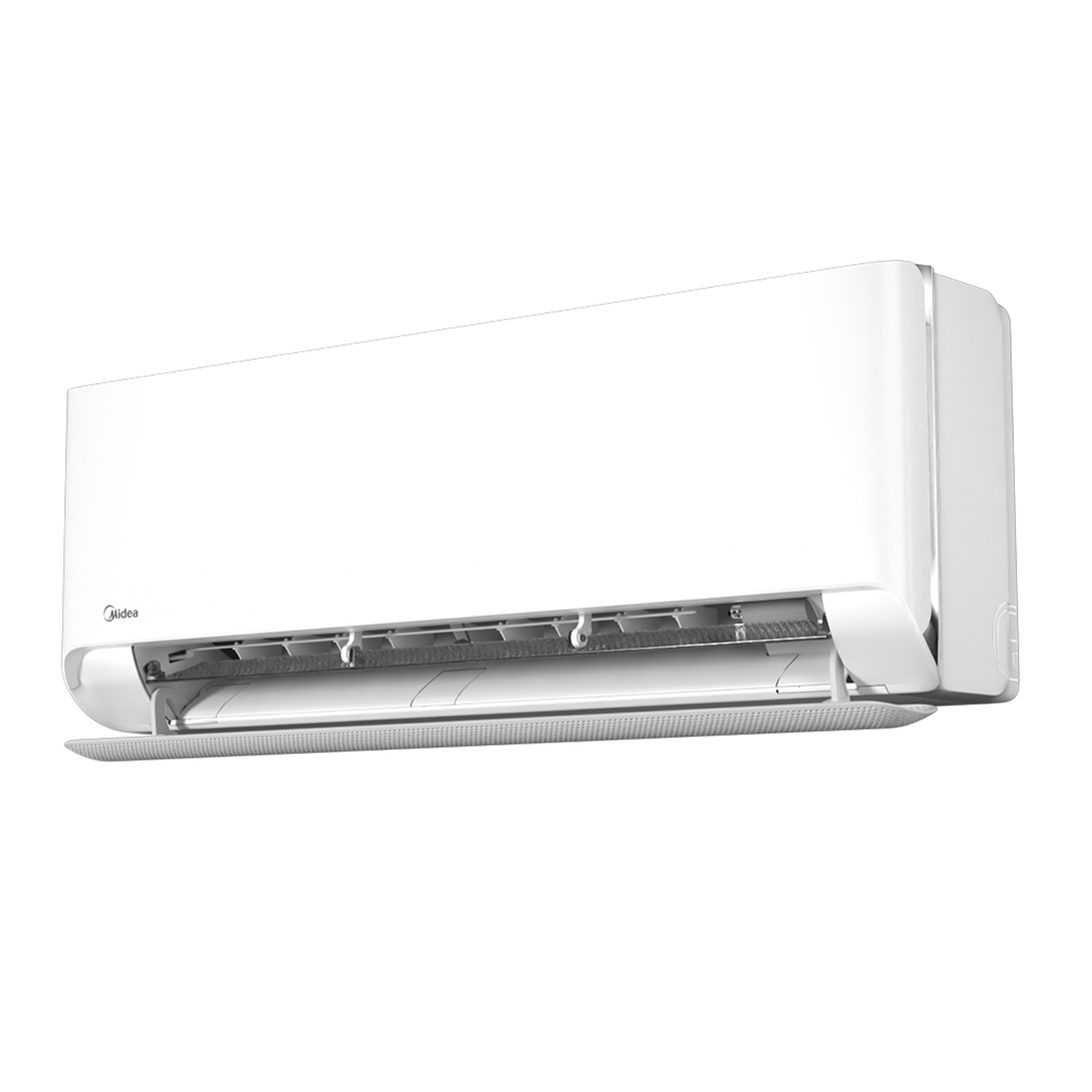 Midea Airstill Pro split-type aircon front side view, vents open, AirStill Pro cooling system, energy-efficient