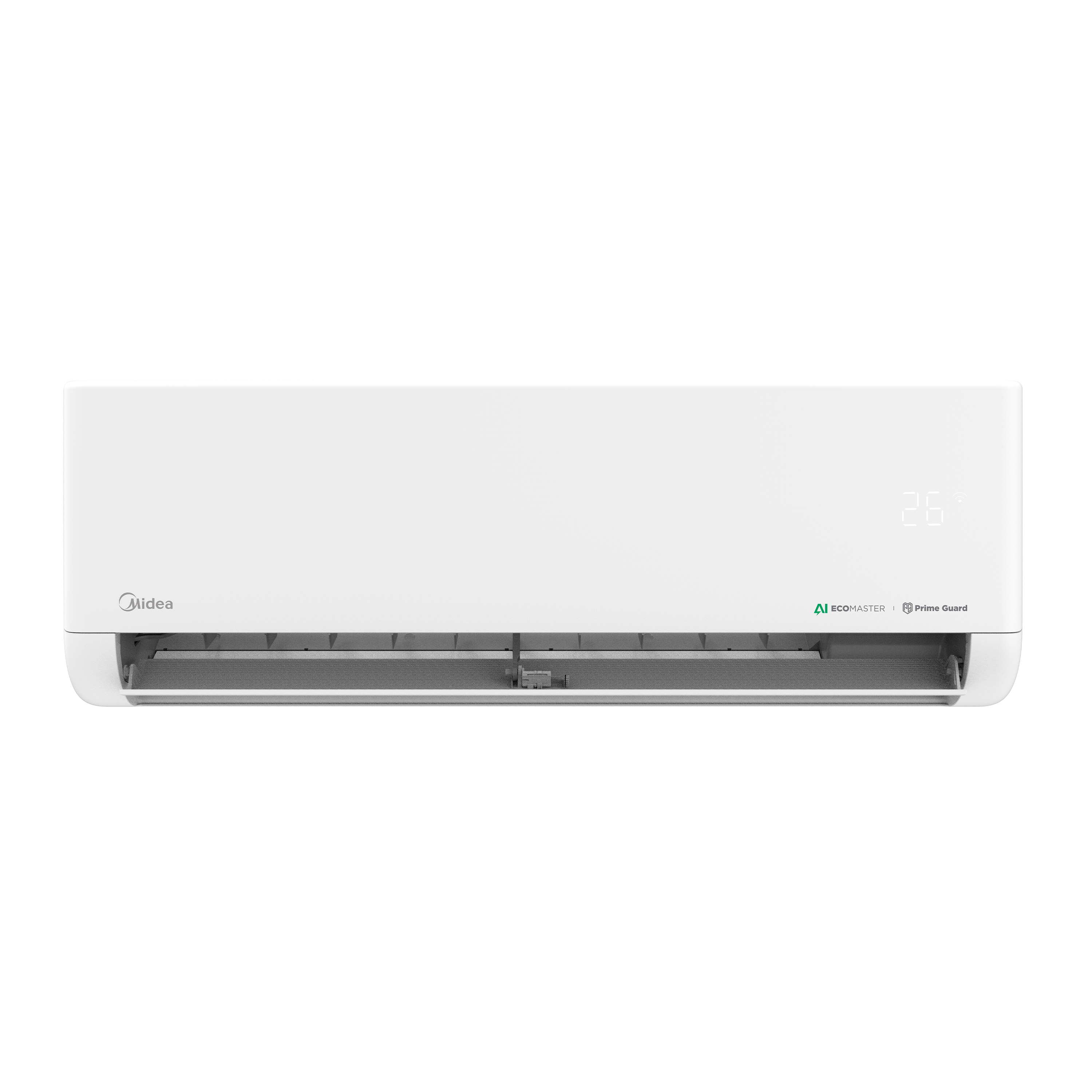Stylish Midea Celest AC unit, 3/4 view with vents closed, 1.5HP split-type, designed for powerful and quiet comfort.