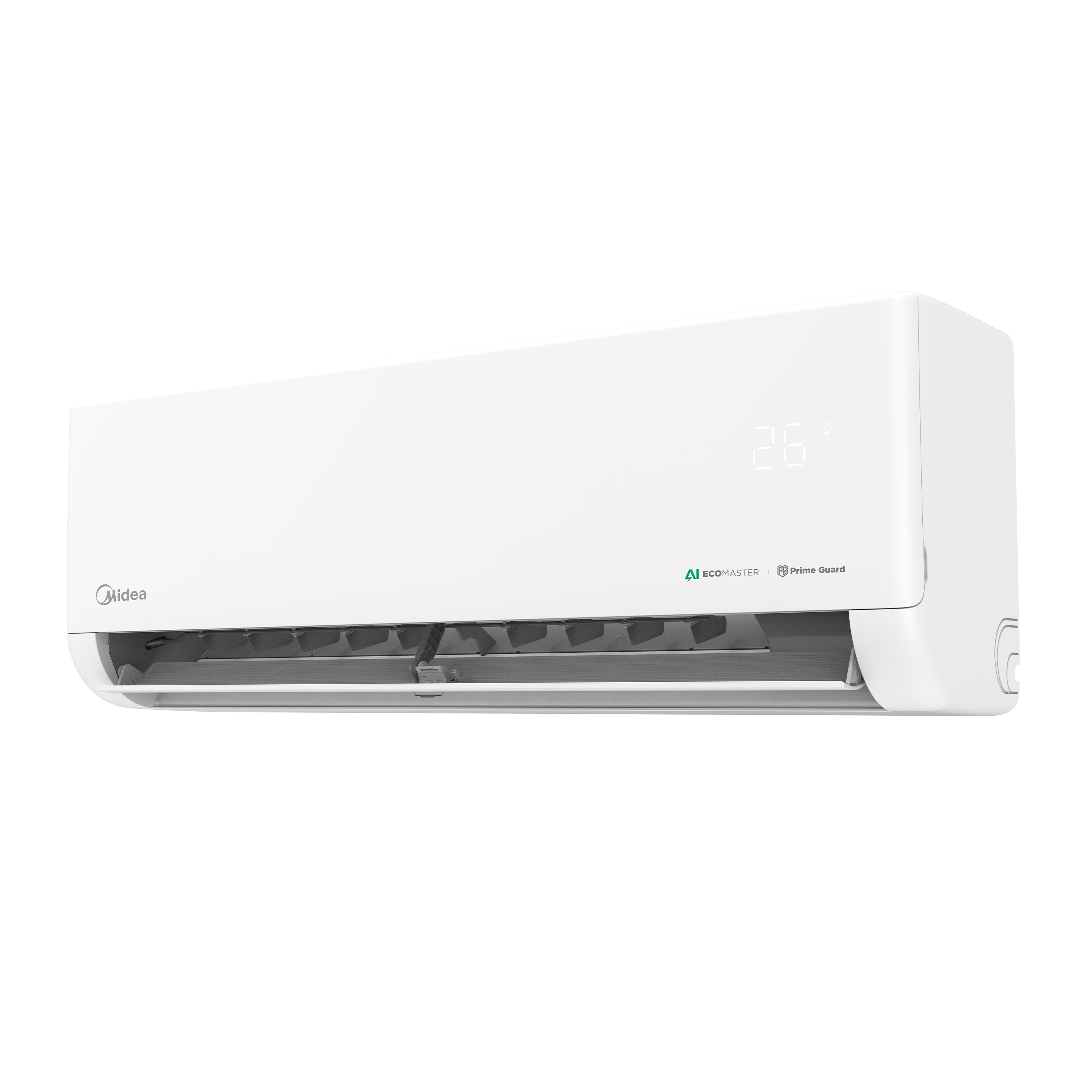 Midea Celest 2.0HP inverter air conditioner, front view with vents open, demonstrating its effective air distribution for rapid cooling.