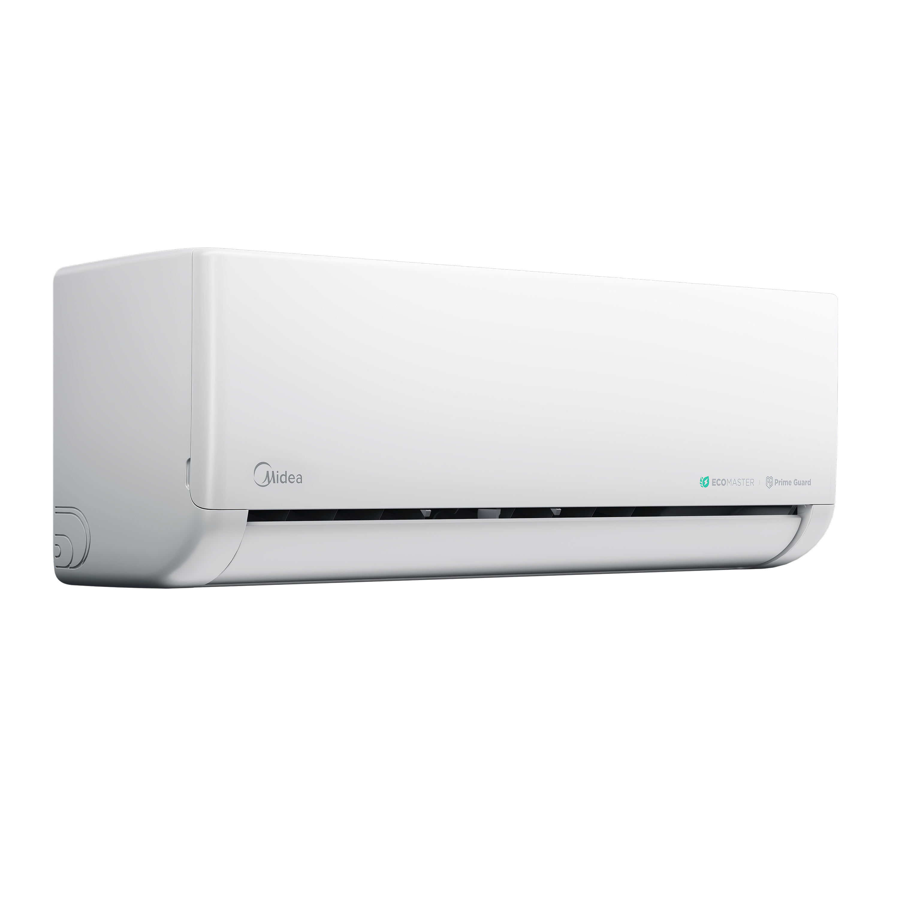 Midea Celest 2.0HP aircon, 3/4 view with vents open, demonstrating powerful airflow from a compact yet robust unit.