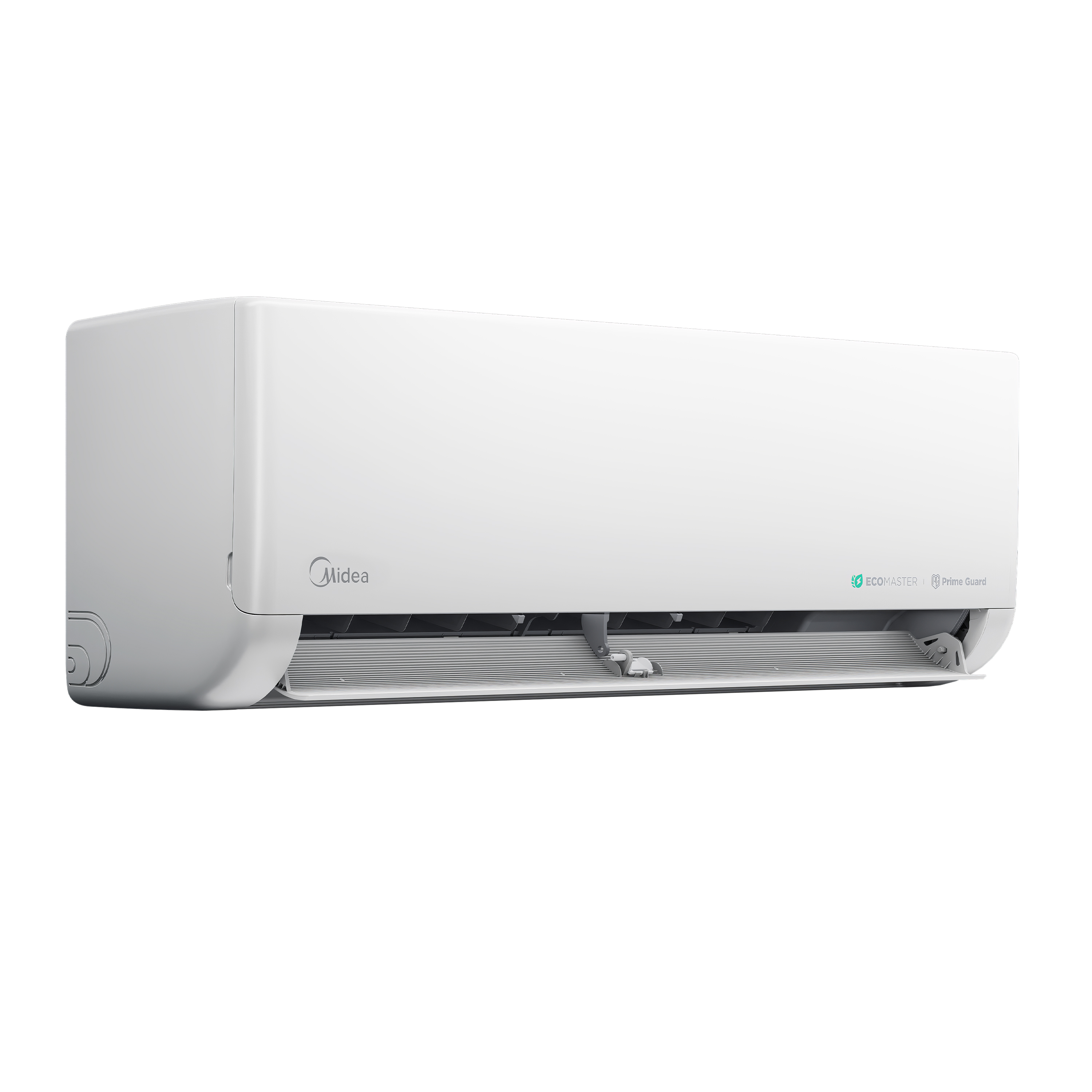 Midea Celest 2.0HP inverter AC, 3/4 angle, vents open, showcasing the efficient louver system for superior air circulation.