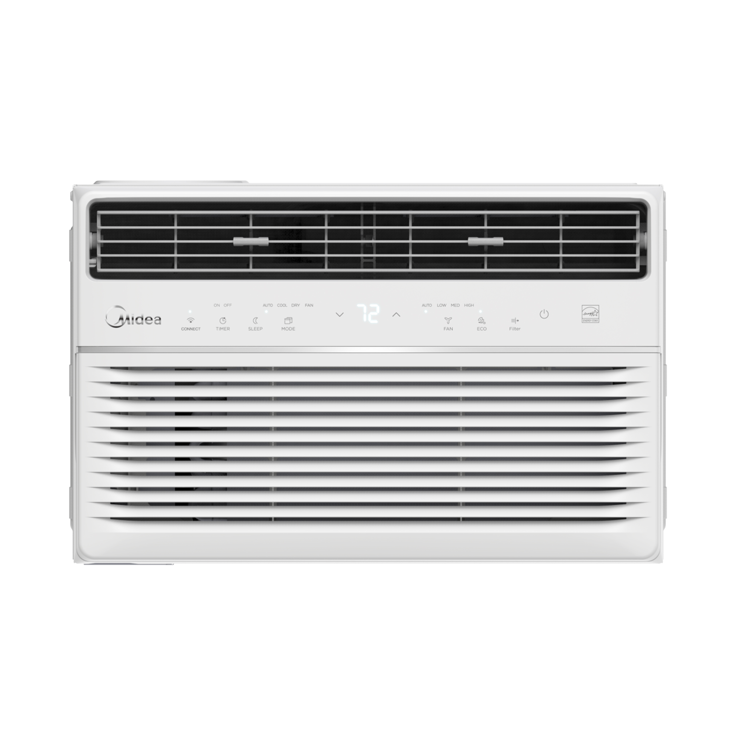 Midea 1.0HP Remote-Controlled Window Type Air Conditioner, front view, showcasing a modern design with a sleek digital display