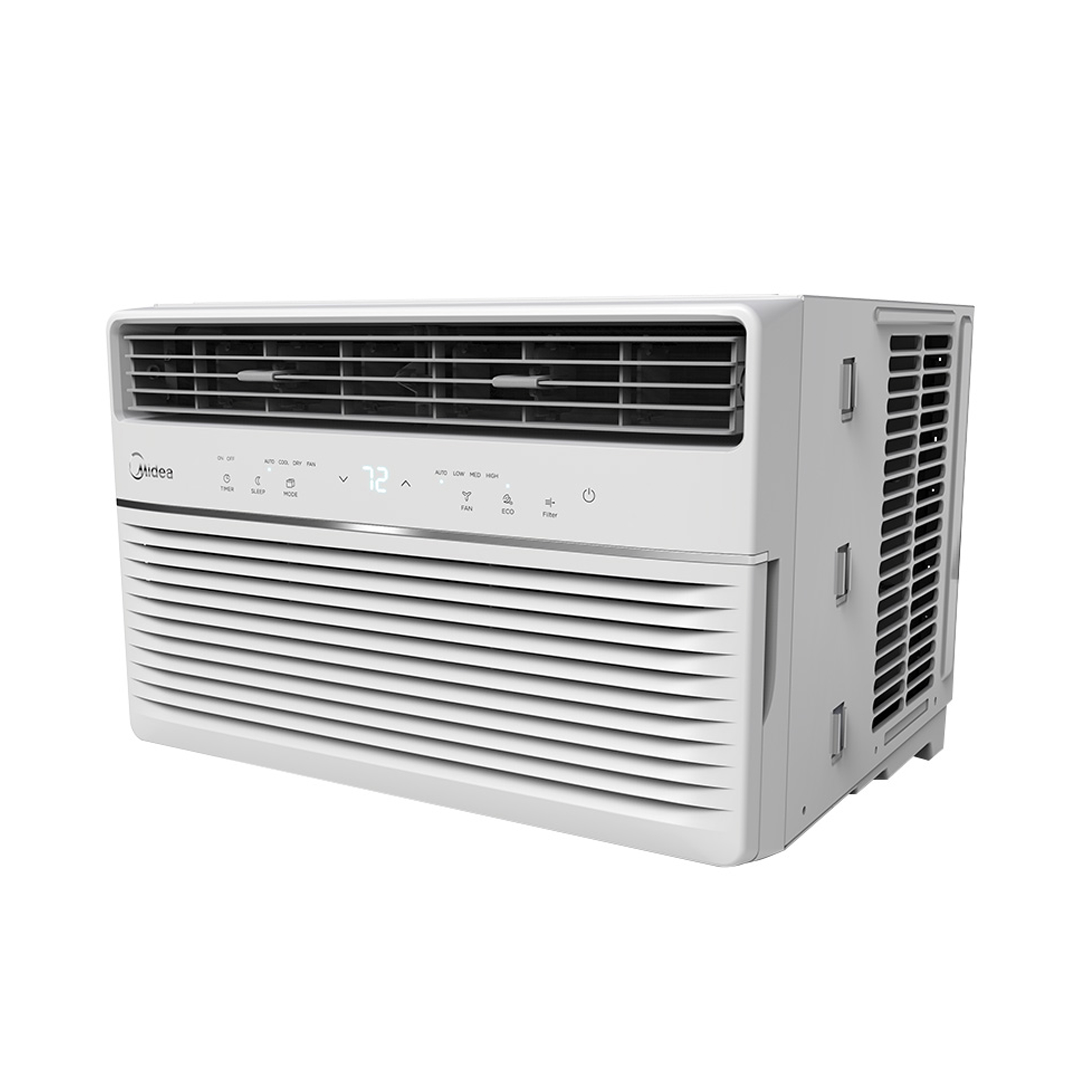 Side view of the Midea 1.0HP aircon, vents open, showcasing its compact yet powerful design