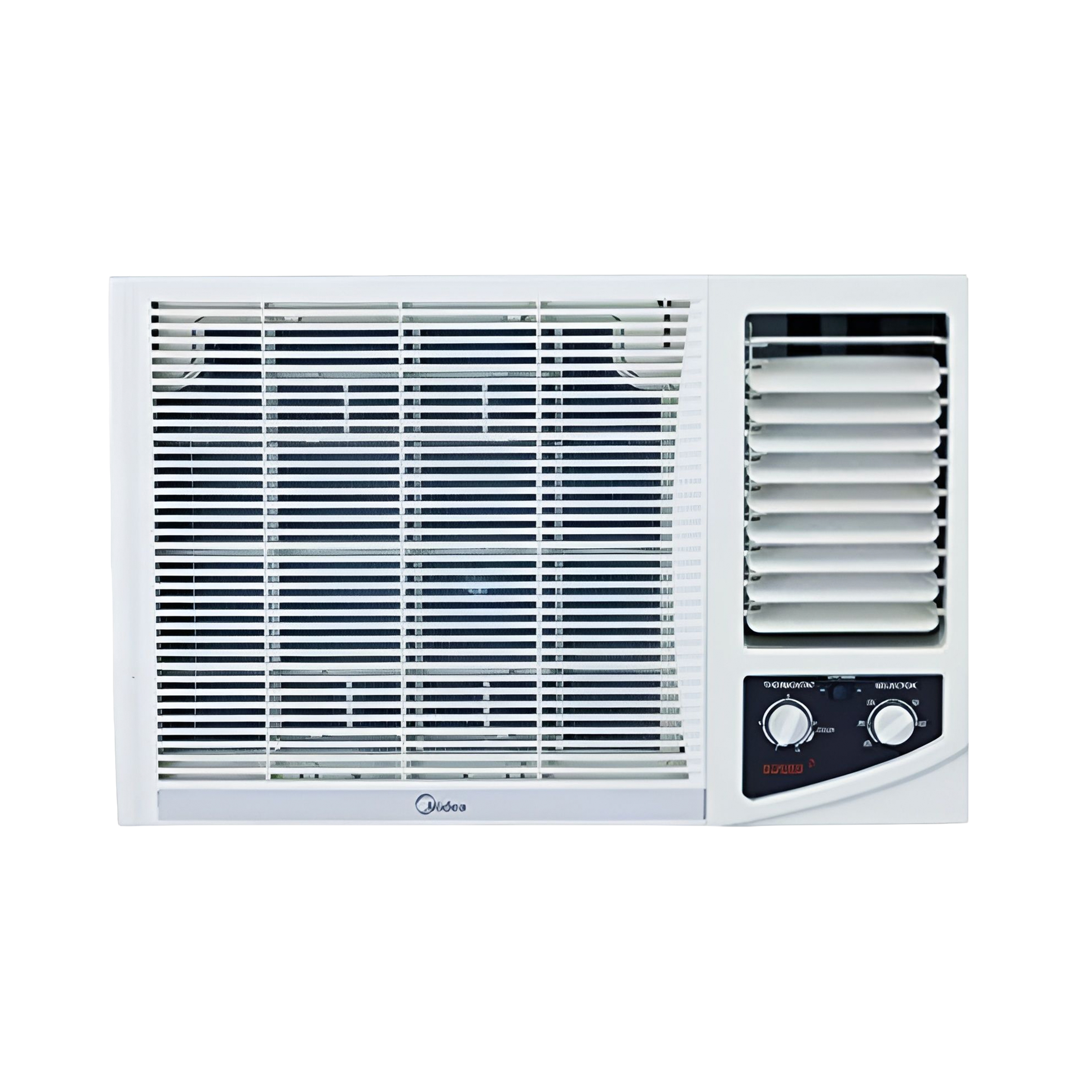 Front view of the Midea 2.5HP Non-Inverter AC, showing its open vents and knob-based manual controls, ready for use
