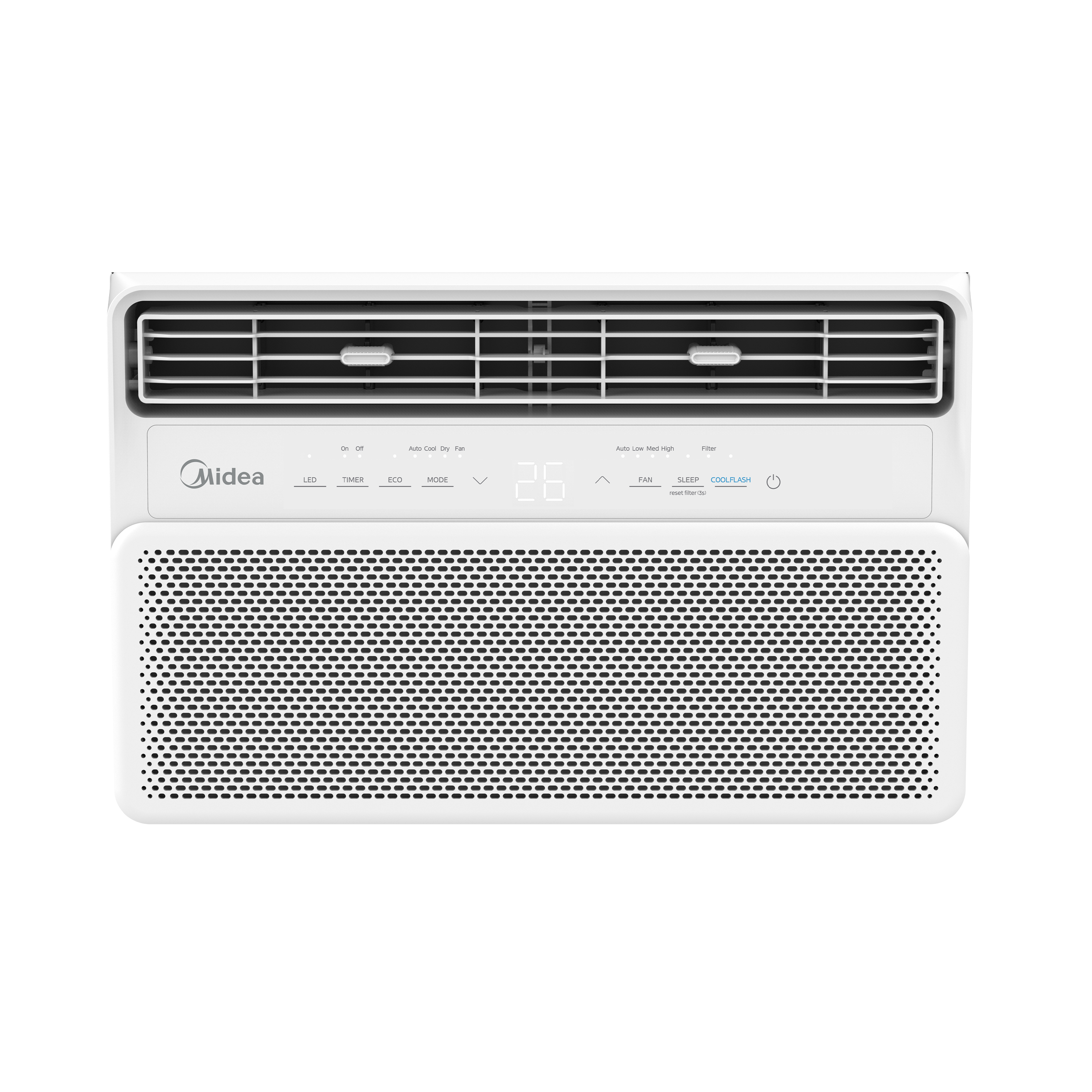 Midea Qube Compact 0.8HP Inverter Window Type Air-Conditioner, front view, showcasing its sleek minimalist design and digital display.