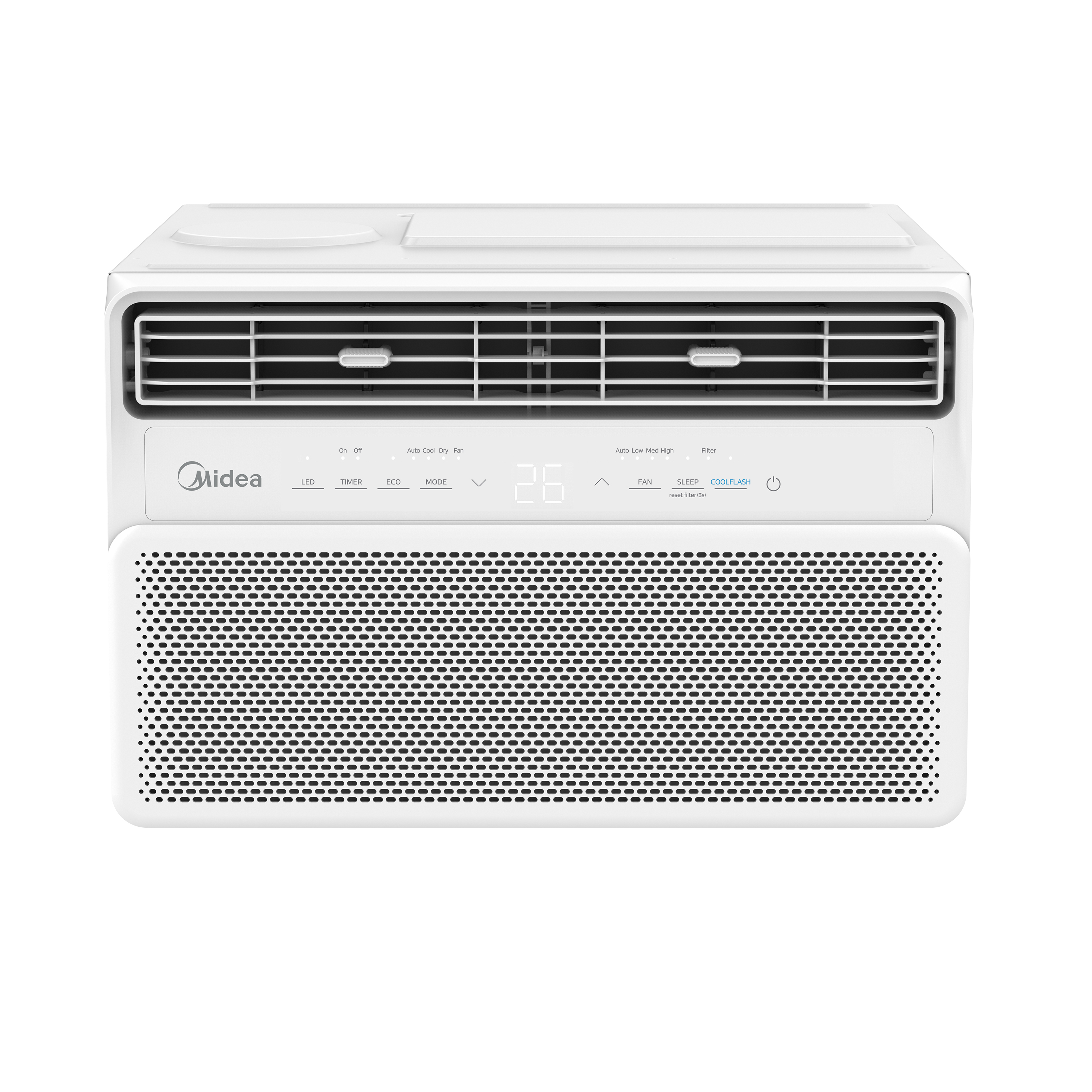 High-angle view of the Midea Qube inverter aircon, showcasing its modern look and compact body from a top-down perspective.