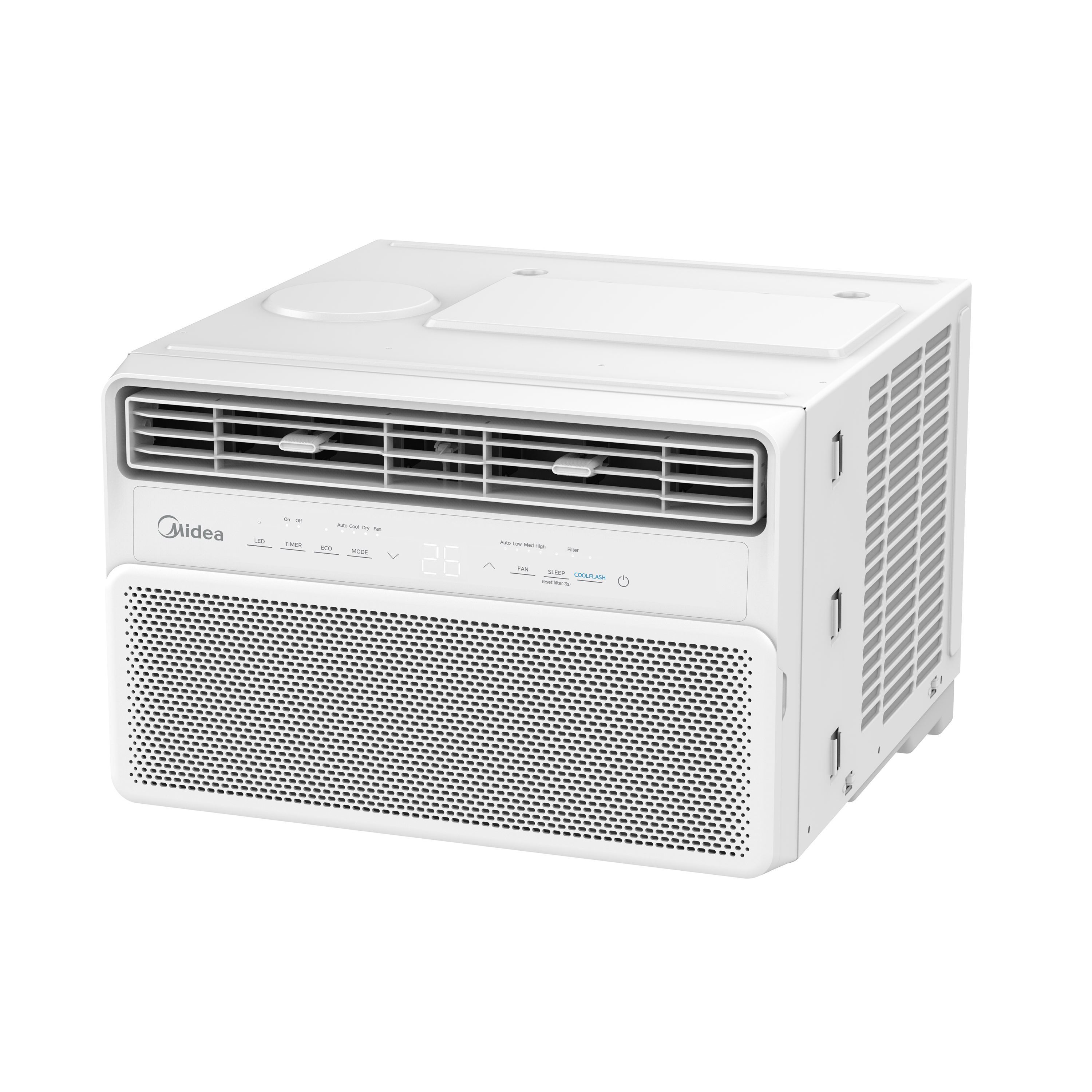 Midea Qube Compact 0.8HP Inverter Window Type Air-Conditioner, 3/4 view, highlighting its modern, space-saving design.
