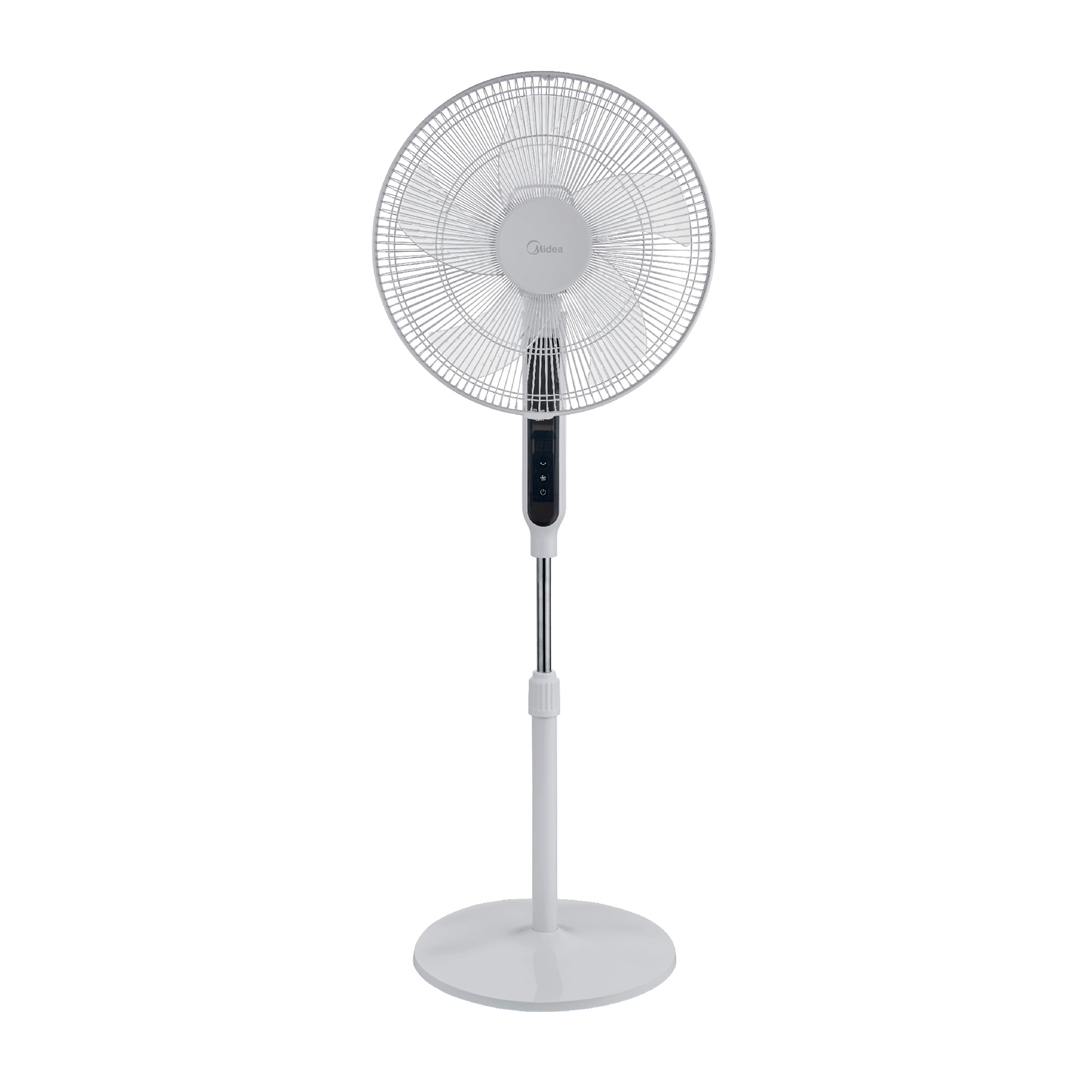 Midea 16" Digital Inverter Stand Fan with Remote, front view, showcasing its full-height configuration and sleek, modern design