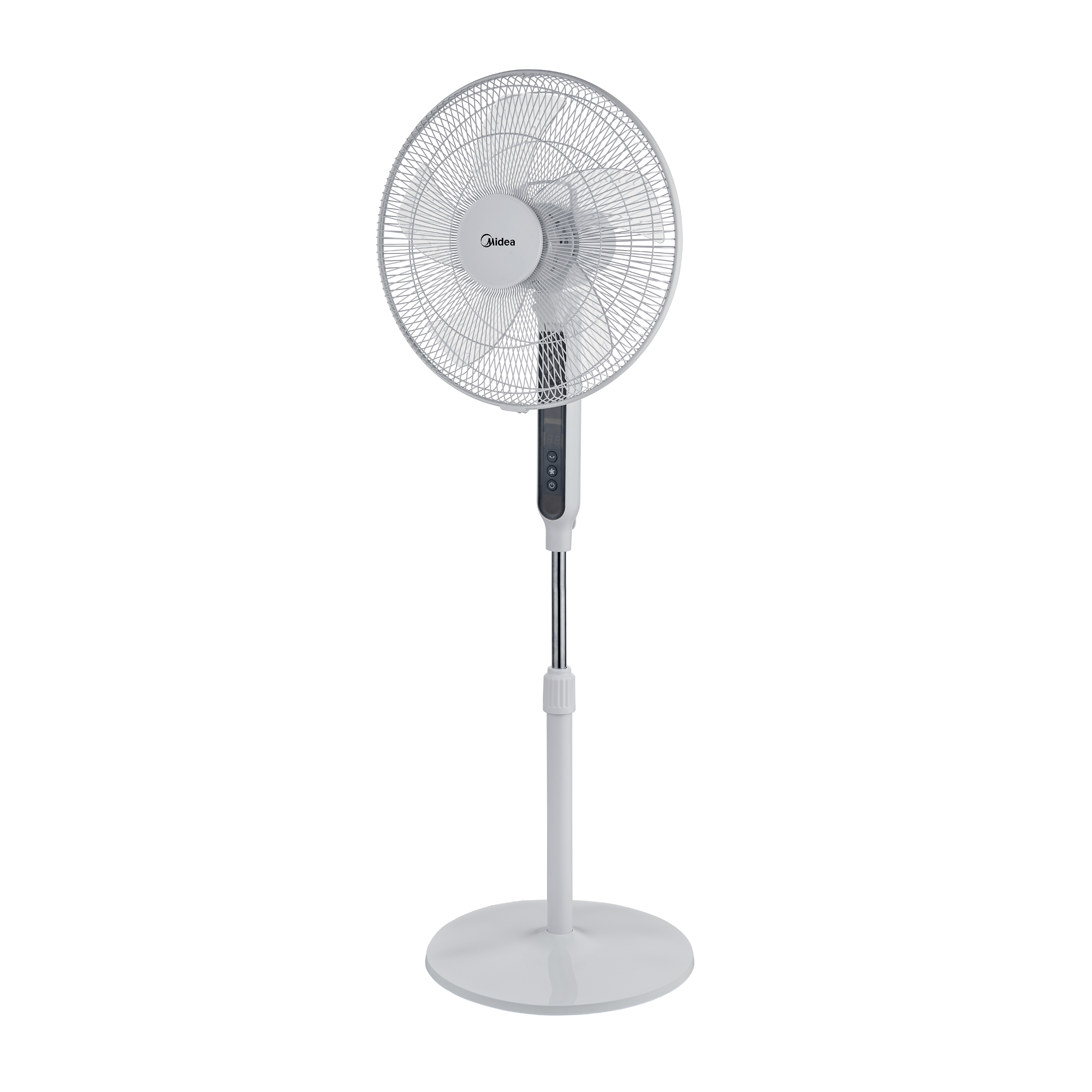 Angled view of the Midea 16" Stand Fan, showcasing its powerful blades and sleek stand for stable cooling