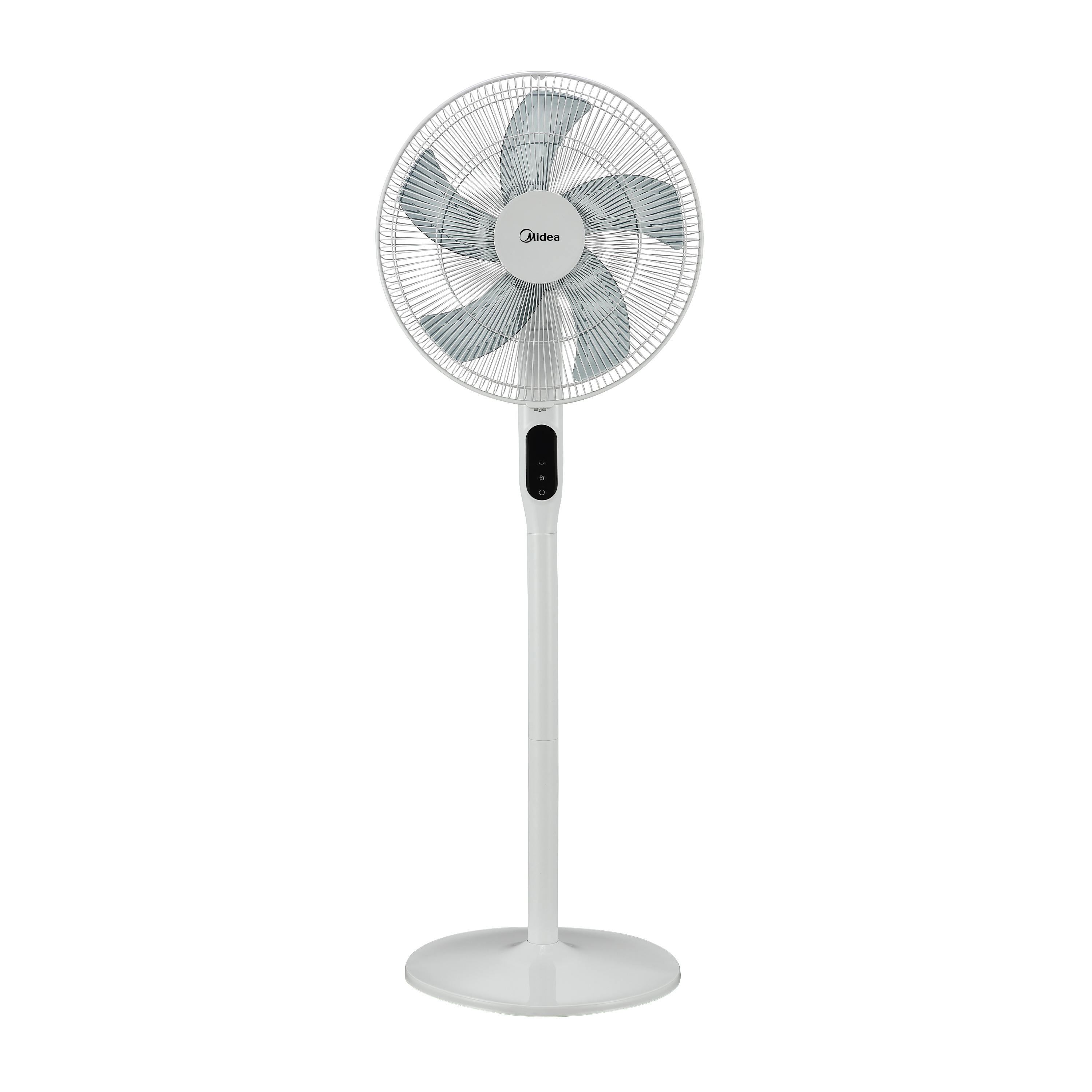 Front view of the Midea 16" Stand Fan, highlighting its large grille and digital display, perfect for powerful and energy-efficient cooling of a room