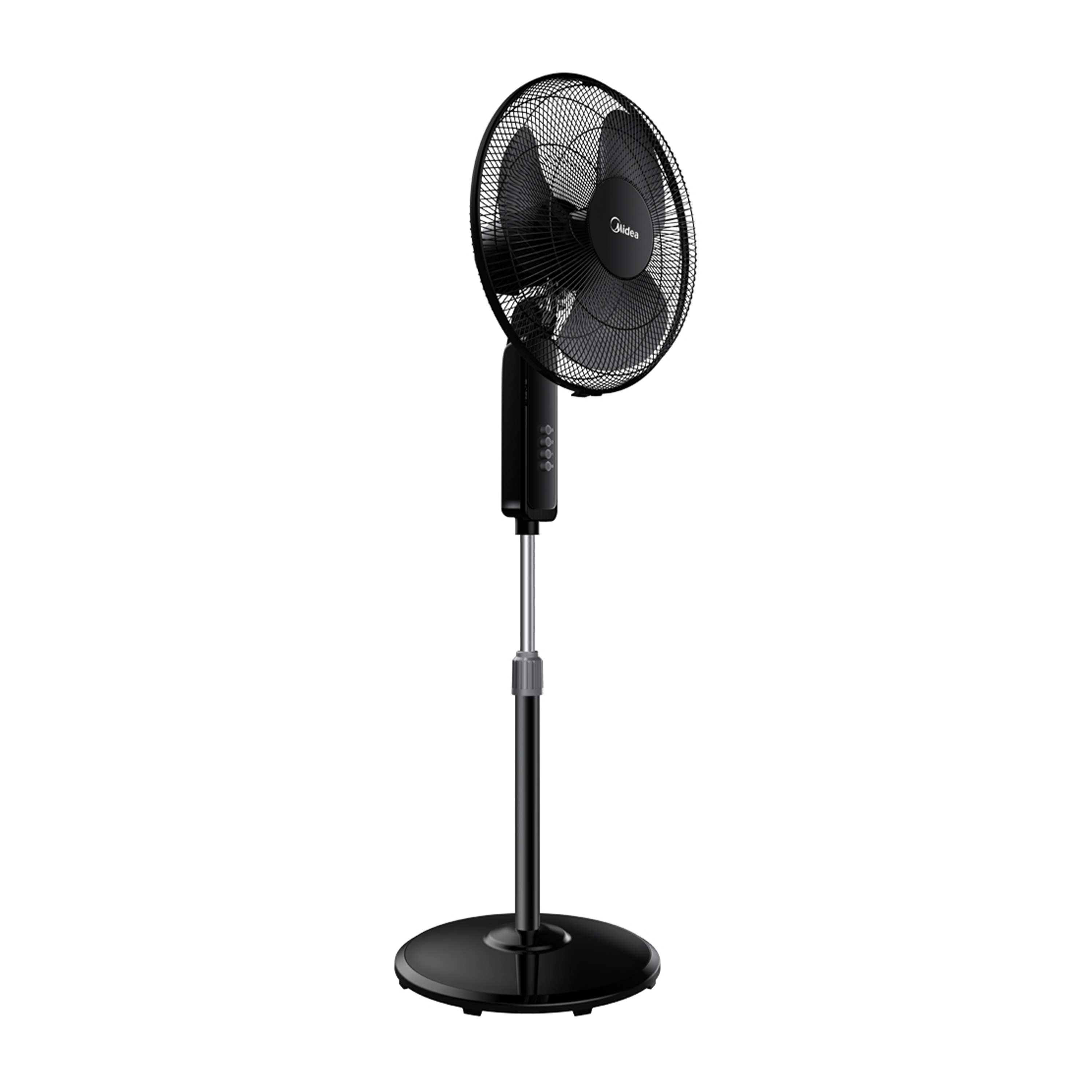 Profile shot of the Midea 16" Desk Fan, showing its tilt-adjustable head