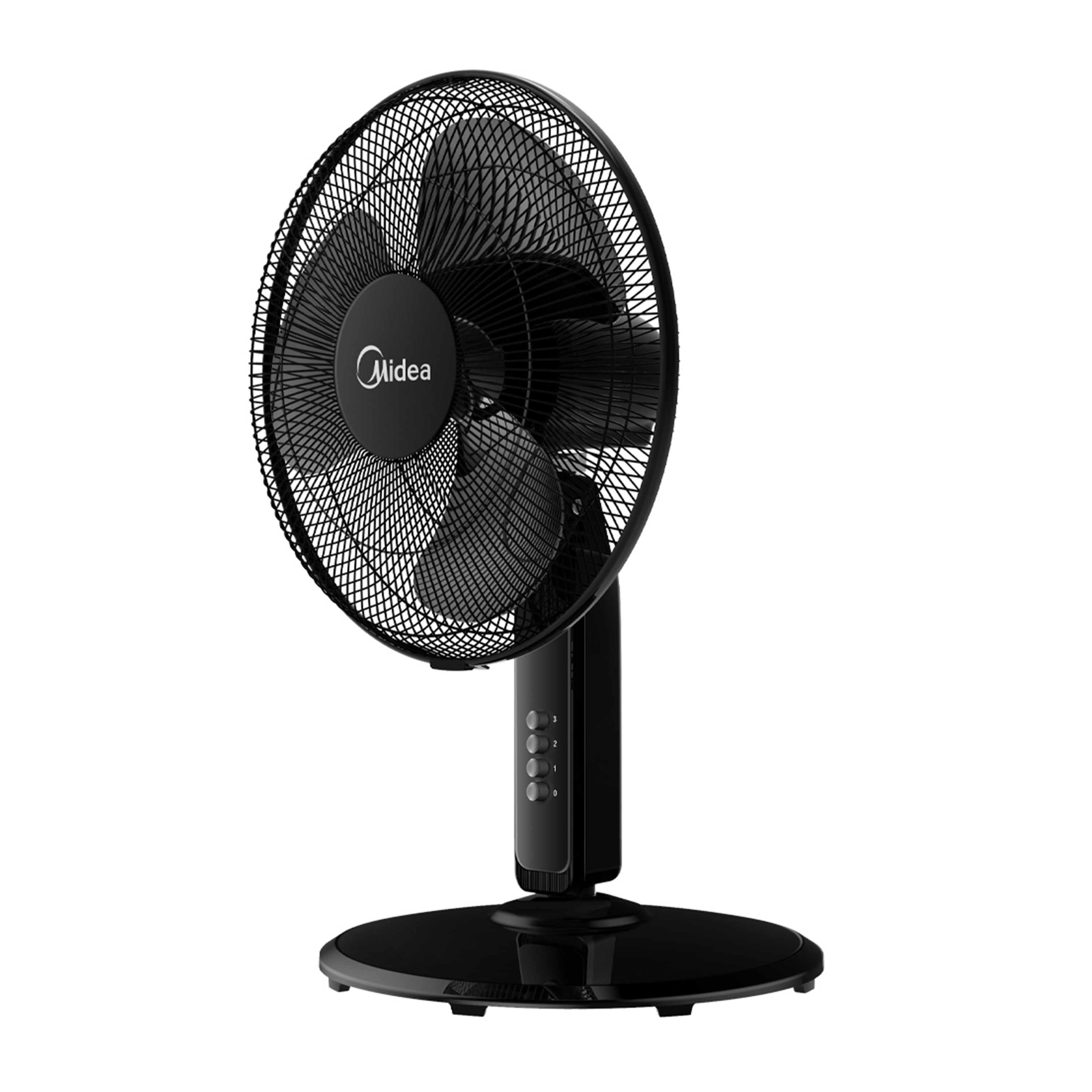 Midea 16" 2-in-1 Convertible Stand Fan, 3/4 view, highlighting its sturdy base and adjustable height