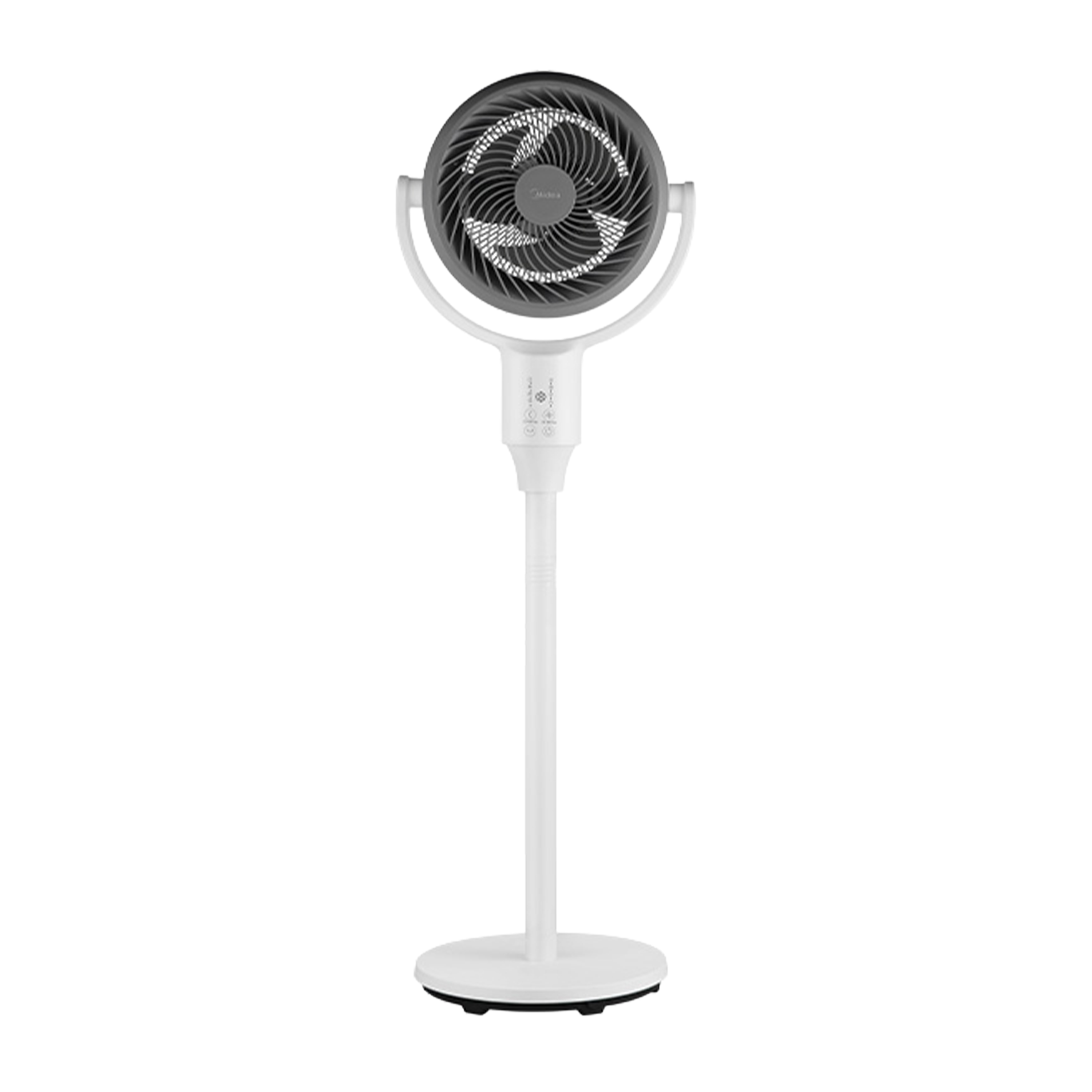 Compact Midea Digital Air Circulator Fan, front view, demonstrating its ability to cool a room with a modern, high-tech aesthetic