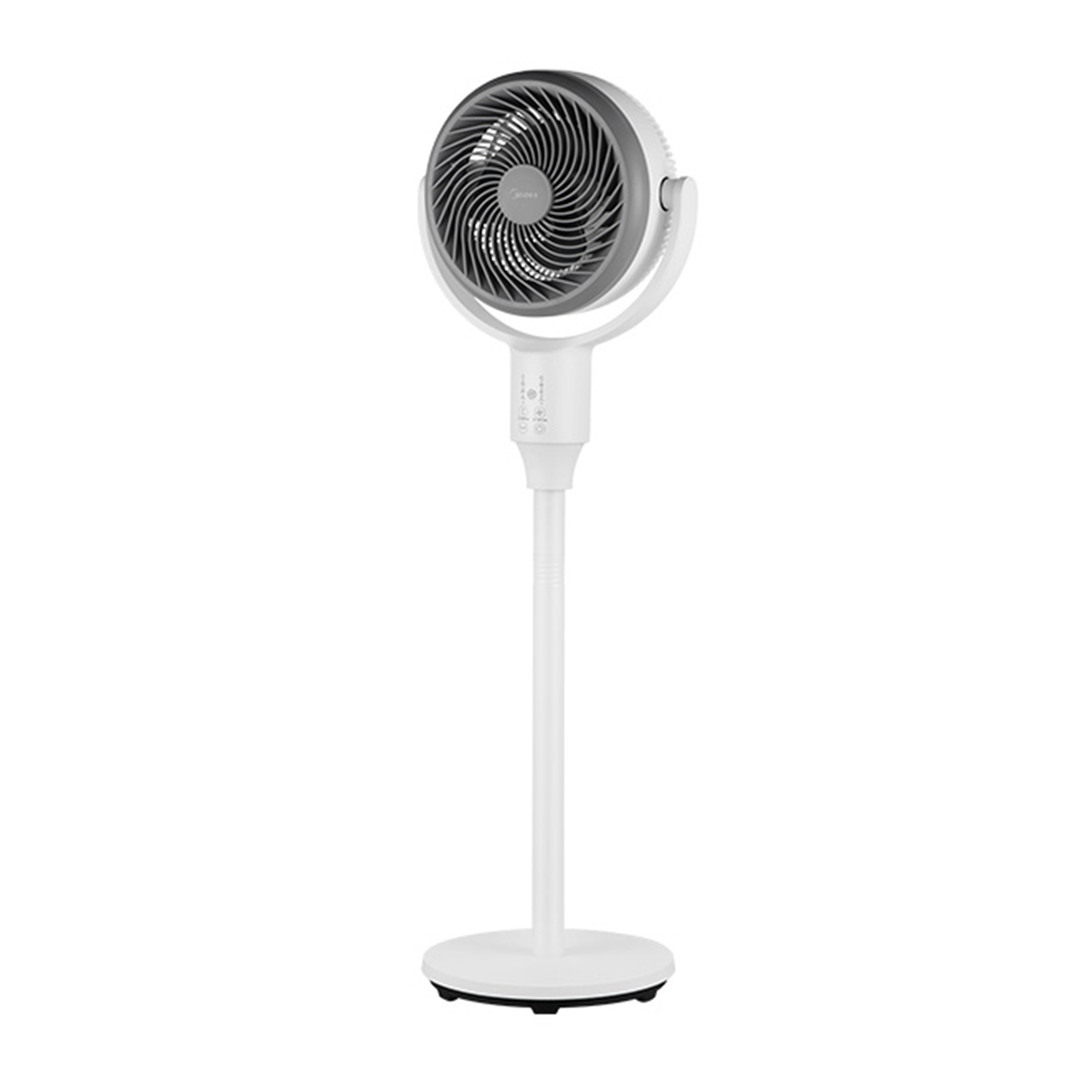 Midea Digital Air Circulator Fan, angled view, showing its powerful blades and streamlined shape with a modern digital display