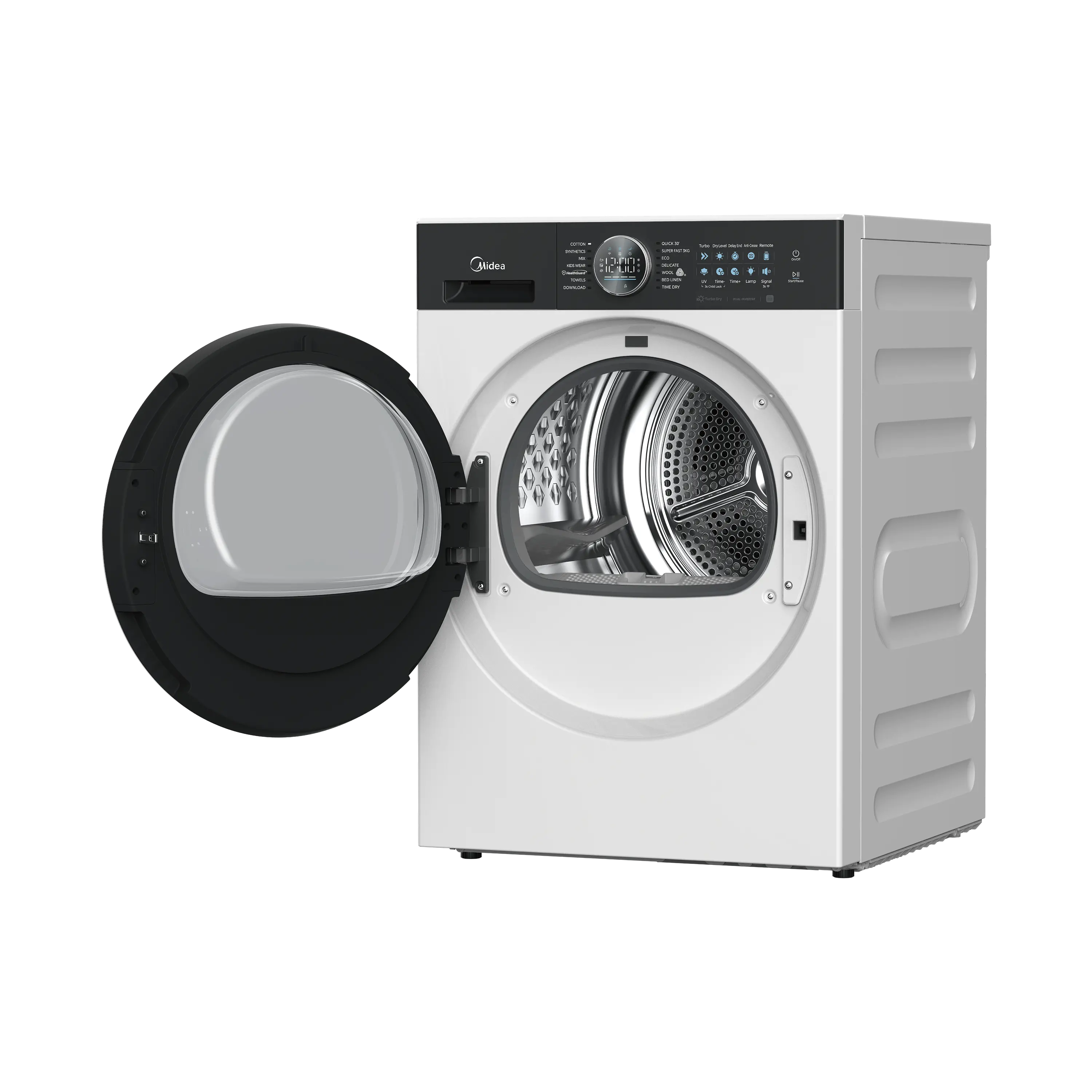 Midea-Laundry-Tumble-Dryer-MD210-Heat-Pump-Dryer-Product-Image-4-Right-squint-ope