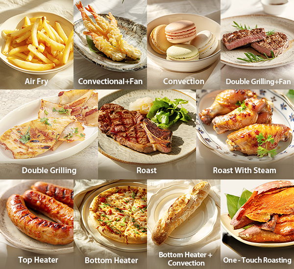 Grilling function with a combination of Top & Bottom Heater and Convection 