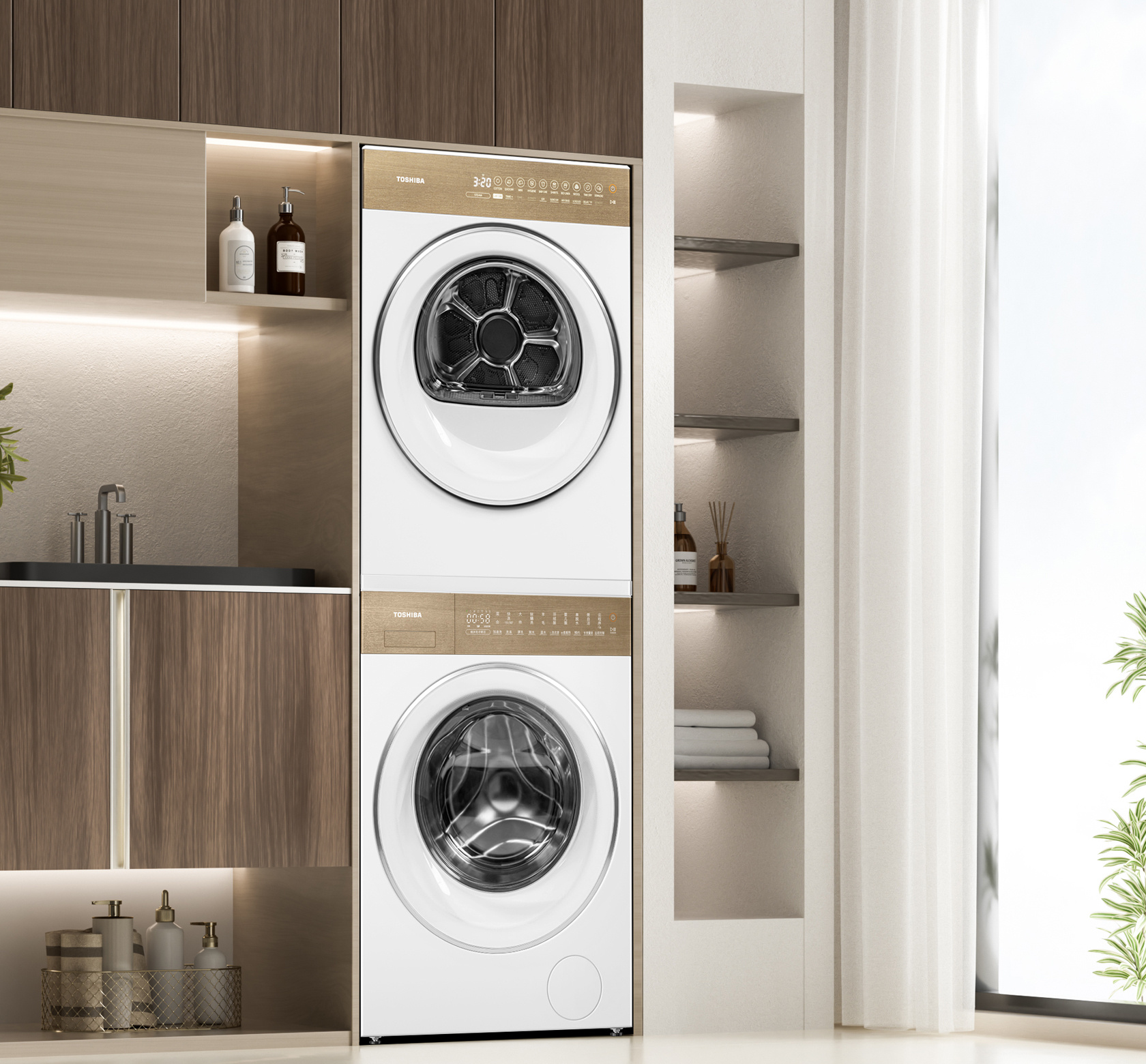 Toshiba T37 heat-pump dryer shown in a minimalist laundry-room setting