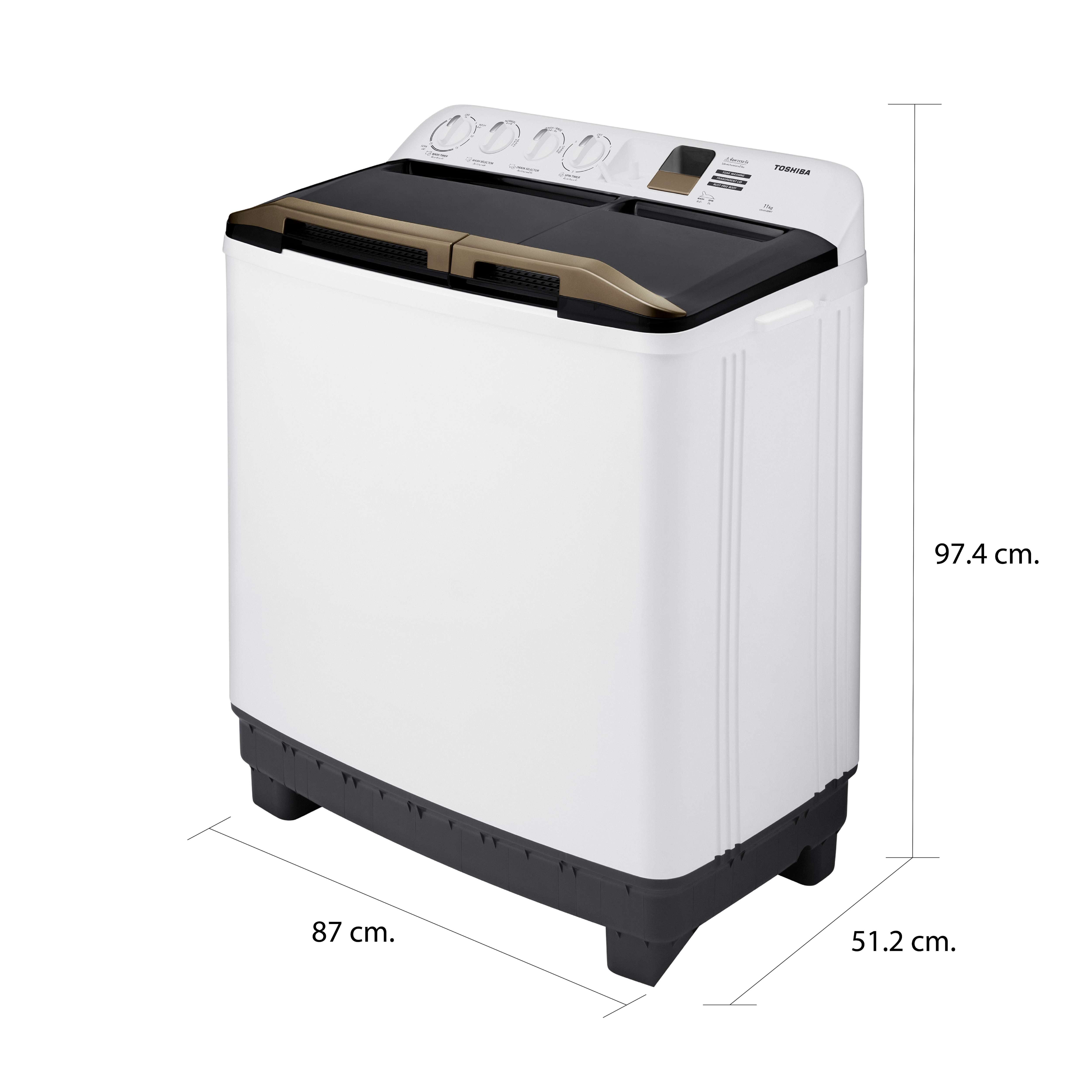 ขนาดและมิติ เครื่องซักผ้า 2 ถัง 11 กก. โตชิบา รุ่น VH-H120WT