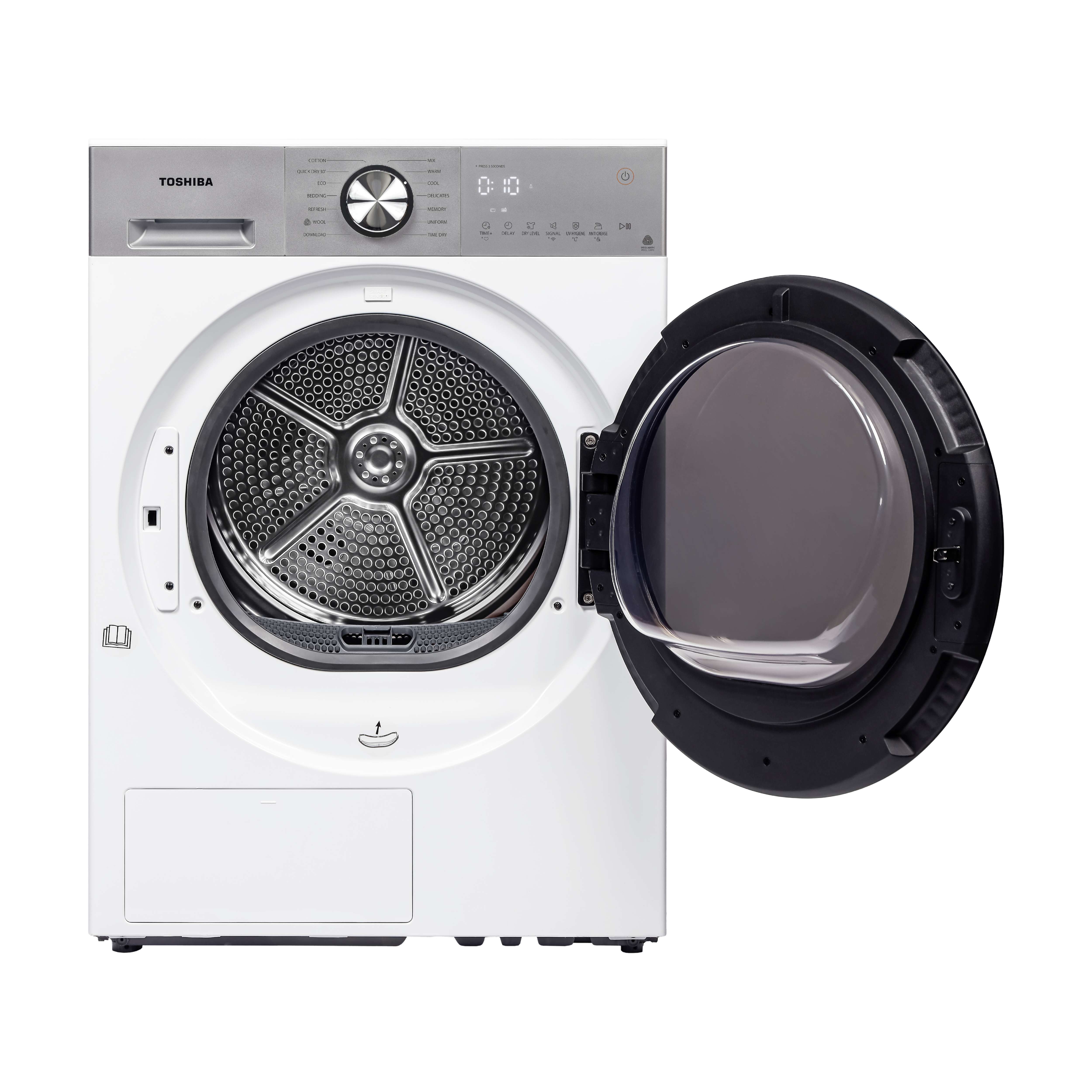 เครื่องอบผ้า 11 กก. โตชิบา รุ่น TD-T33B120HWT(WS) เปิดประตูให้เห็นถังอบ