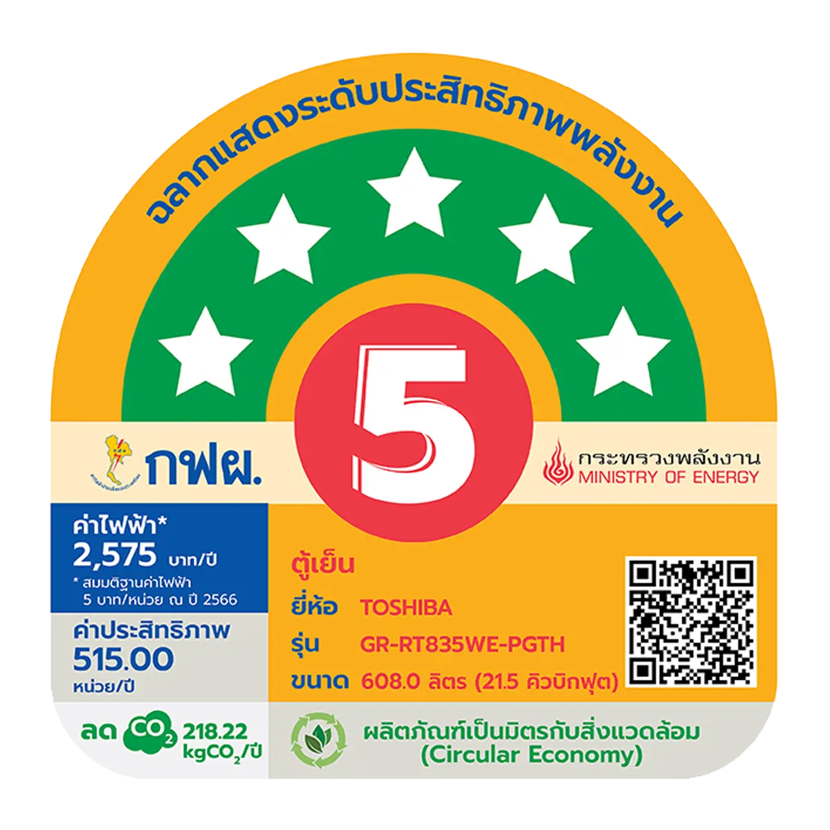 ตู้เย็น 2 ประตู 21.5 คิว โตชิบา รุ่น GR-RT835WE-PGTH(XK) ภาพที่ 6